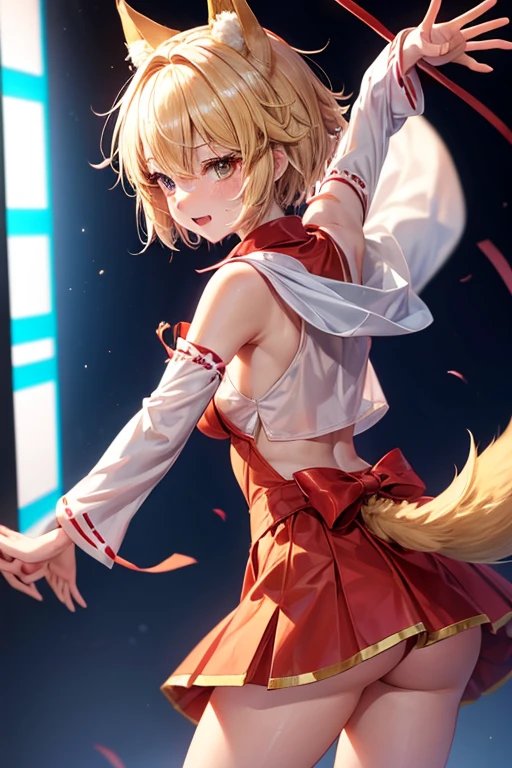 Fox Girl　Blonde Short Hair　Miko costume　Crying and pretending to be a dog　Two arms　Put your hands together　Four legs　View from behind