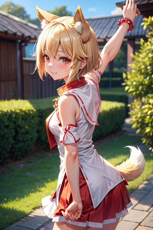 Fox Girl Blonde Short Hair Miko costume Crying and pretending to be a dog Two arms Put your hands together Four legs View from behind