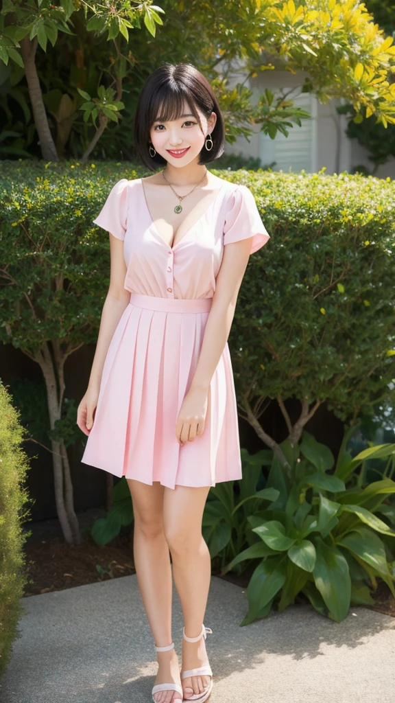 (8k, Photorealistic, Raw photo, Highest quality: 1.4),Japanese idol style1Beautiful girl of the person,18-year-old,Short bob hairstyle,Black Hair,She has her hair tucked behind her ears,She has small earrings in her ears,Big, clear grey eyes,Long eyelashes,Plump Cheeks,She is wearing pink lipstick,Apply gloss over your lipstick for glossy, plump lips,Smiling,A short pendant is hanging around her neck.,The nails on both hands are painted with light pink nail polish.,Both toenails have red nail polish,He is wearing a white short-sleeved dress shirt on bare skin.,Unbuttoned to reveal cleavage,Wearing a pleated skirt,wearing sandals on bare feet,garden,Standing posture,Angle from the front,Full body portrait