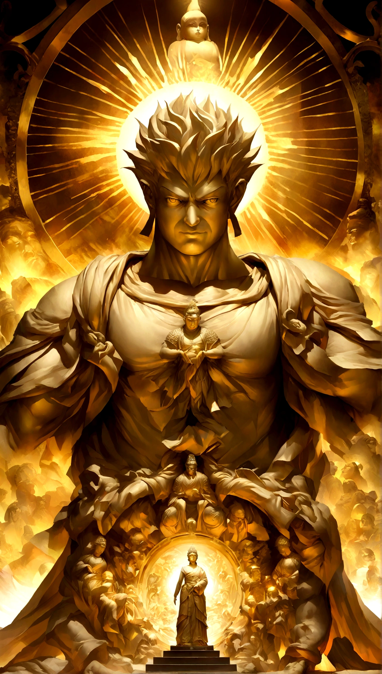 (Super instinctive Goku stands in front of the golden glowing Buddha,Transparent Buddha statue,Chinese painting style,close-up intensity,Zhong Fenghua,Kazuyuki Takamatsu,Han Yonghao,god light,The sun shineirror light effect,3Drenderingof,Zbrush rendering)
