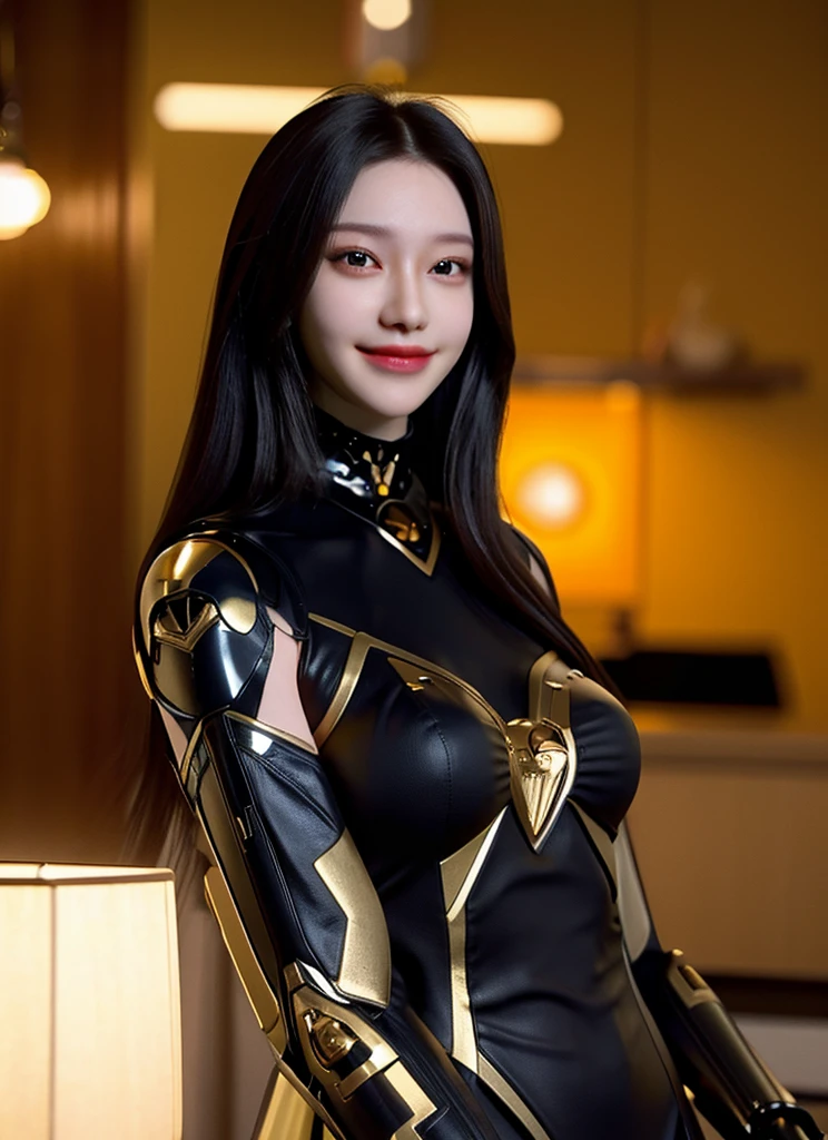 Armoured girl, realistic, long hair, yellow robotics, smile,