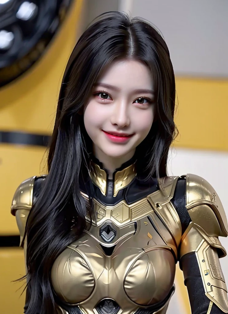 Armoured girl, realistic, long hair, yellow robotics, smile,