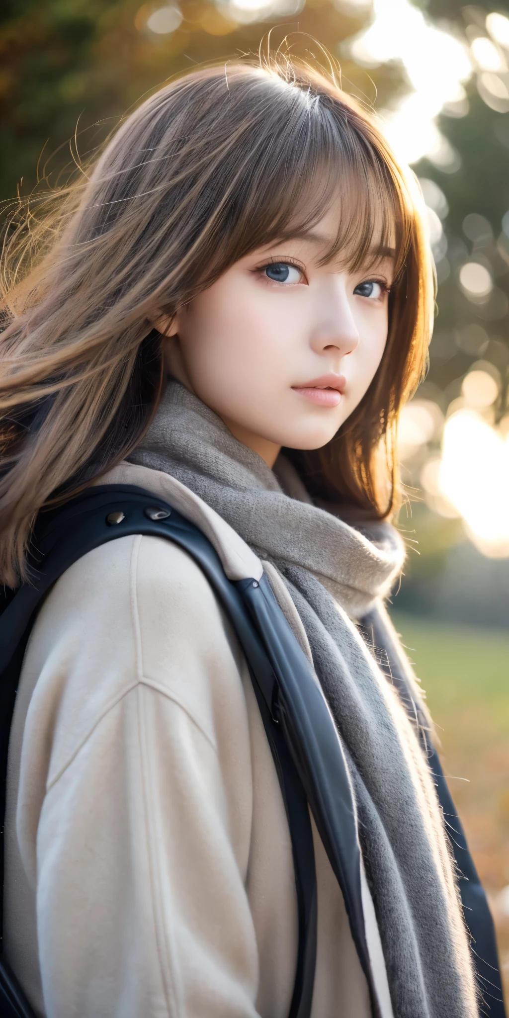 ((hair blowing in the wind、no makeup:1.2))、(realistic、Photoreal、Super detailed、best detailed skins、highest quality、masterpiece、超A high resolution)、cute russian woman、14 years、high school girl、young girl、1 girl、have bangs、ash blonde:1.7、double eyelid、drooling eyes、Japanese style face、purity、realistic skin type、thick muffler、Gray muffler、fluffy hair、((There&#39;hair in scarf:1.3))、red cheeks、The wind is blowing、that&#39;It&#39;s snowing、night、illumination、Lighting from behind、hair blowing in the wind、((Antarctica、A meteor shower、A world view of the aurora))