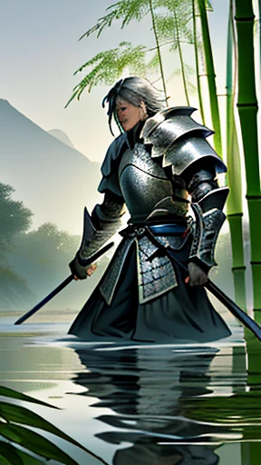 Ink Painting,Male knight on the water,Wearing intricate Chinese Tang Dynasty Mingguang armour,Bamboo forest behind,sword,landscape,Ultra-high resolution,Freehand Style,Majestic,Natural light,Night Focus
