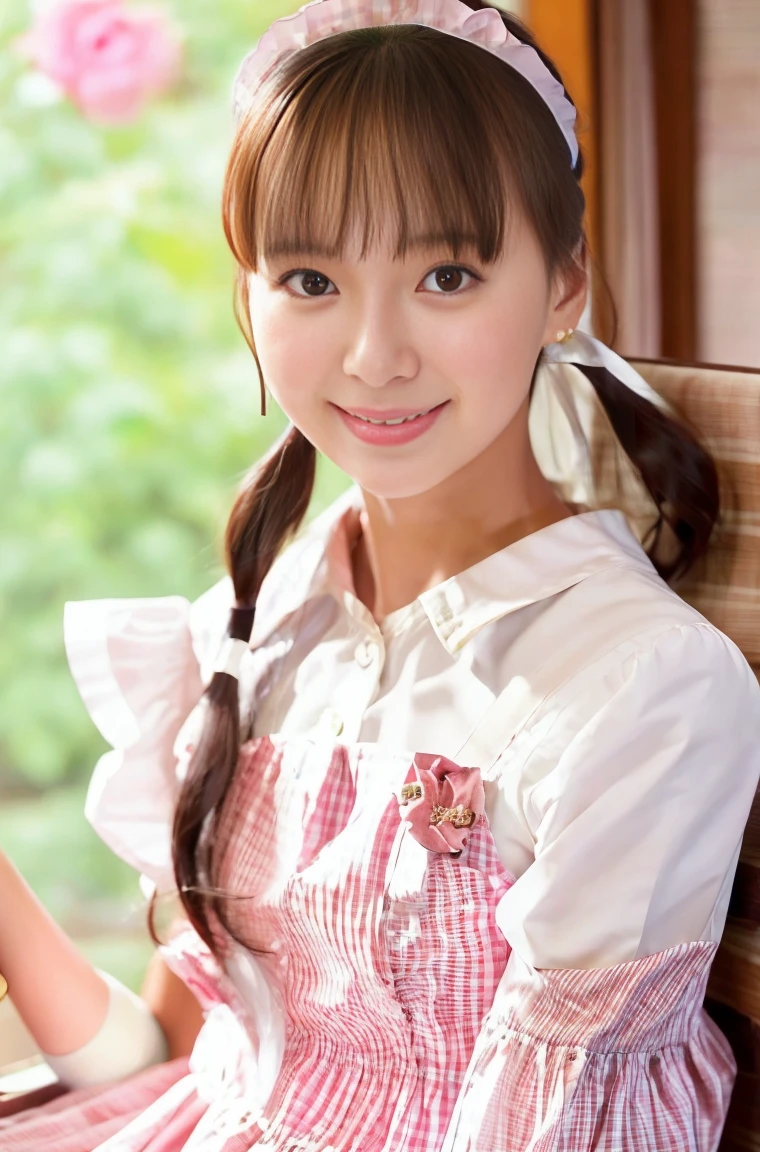 (masterpiece, highest quality:1.2), One girl, woman, 23 years old、 cute、(cuteメイド服を着ている), (Pink gingham check maid outfit:1.5)) Idol Style、smile、(おしゃれでcute喫茶店内:1.4)、whole body、(He brought me a tray of chocolate mint juice..;1.4)、summer、hot、White underwear、Soft Breasts、