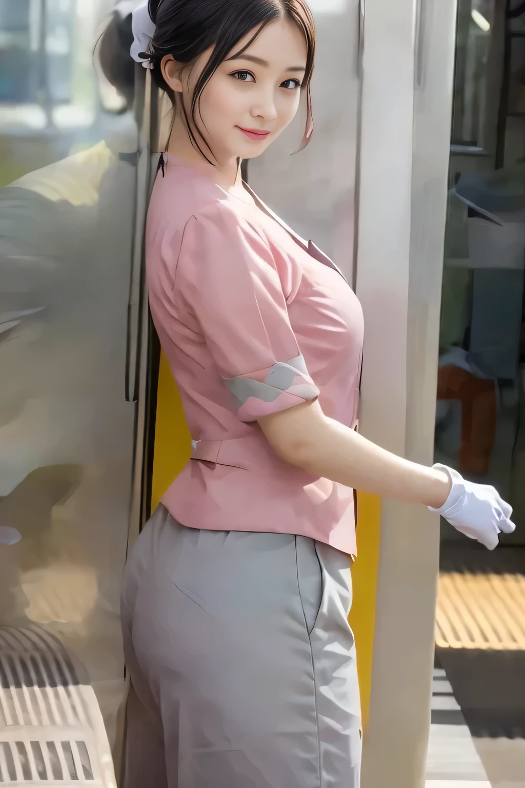 (masterpiece:1.2, highest quality:1.2), 32K HDR, High resolution, (alone、1 girl)、（On the rooftop of a building in the daytime、Professional Lighting）、Building rooftop background、（Nankai train crew uniform pinkを着たリアルスタイル）、（Nankai train crew uniform pink short sleeve pink jacket、Nankai Train Crew Uniform Pink Collarless Short Sleeve Blouse、Nankai Train Crew Uniform Pink Grey Knee-length Culottes）、Dark brown hair、（Hair tied up、Hair Bun、Hair Bun）、Dark brown hair、Long Shot、Big Breasts、Thin legs、（（Great hands：2.0）），（（Harmonious body proportions：1.5）），（（Normal limbs：2.0）），（（Normal finger：2.0）），（（Delicate eyes：2.0）），（（Normal eyes：2.0））)、smile、（Nankai Train Crew Uniform Pink Grey Knee-length Culottesを見せた美しい歩く姿）、Keep your hands natural、Wearing gloves
