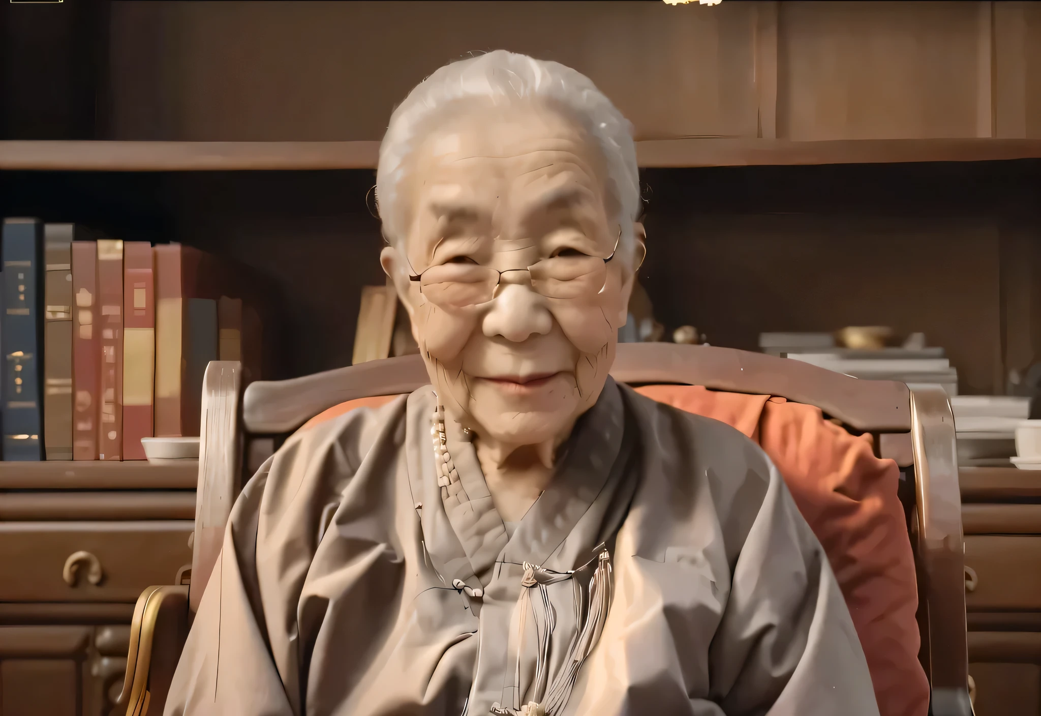 There is a Chinese lady sitting on the chair,There is a book on my lap, Old woman, old man look,Holding a string of Buddha beads in his hand