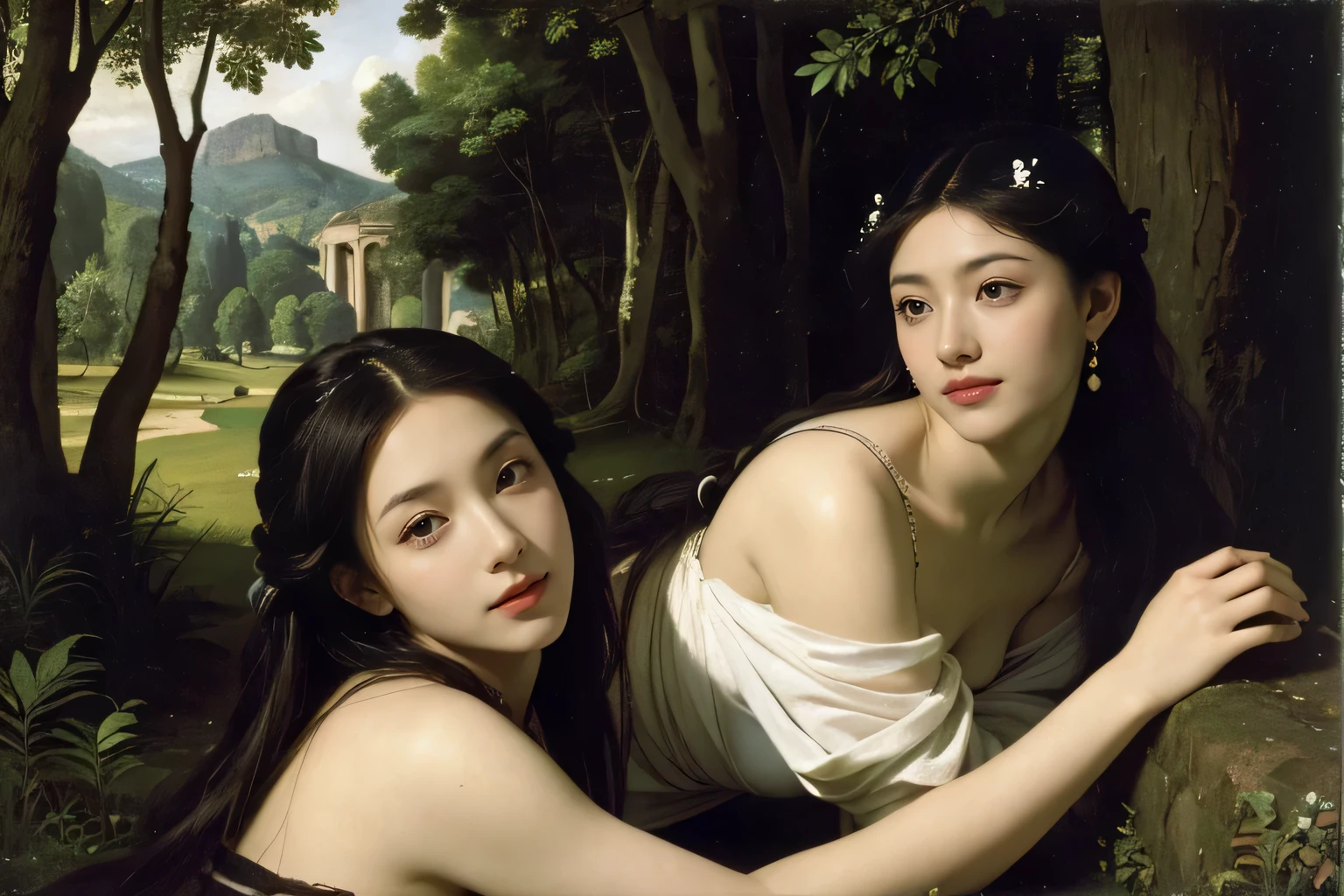 Giorgione painting style,Barbizon forest A beautiful woman in Greek dress smiles on the shore,Sweet and seductive appearance.、Caravaggio's paintings、Chiaroscuro of Caravaggio、hair tousled by the wind,Two women frolicking,cute smile, expression of ecstasy,Sexy,erotic, full body portrait