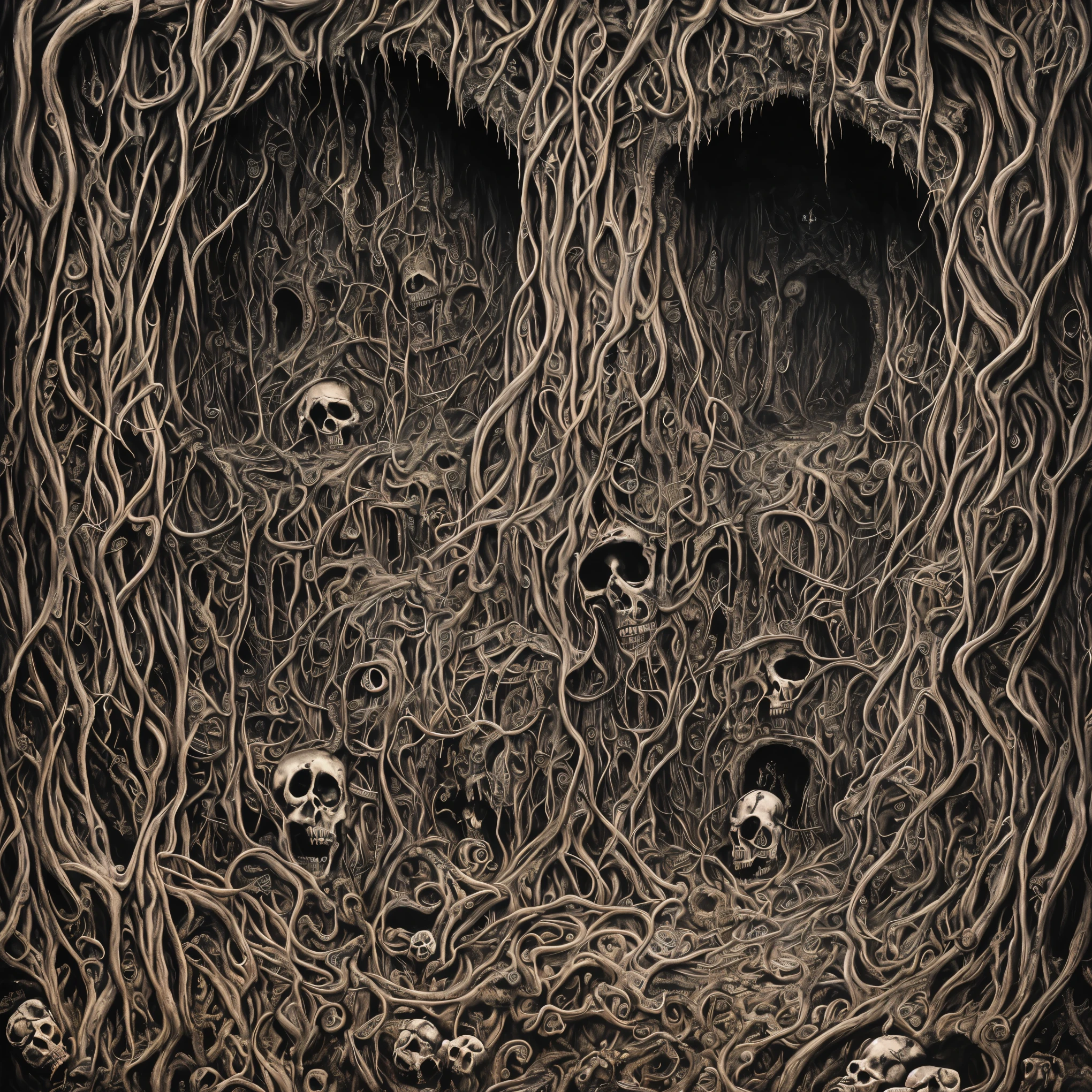 a painting of a hole with skeletons inside of it, scary detailed art in color, highly detailed dark art, macabre art, hyperrealistic hell, detailed 3d gothic oil painting, just art for dark metal music, mouth of hell, horror surreal art, hell scape, horror!! highly detailed, by Alex Grey, detailed and creepy, portal to hell, insane intricate