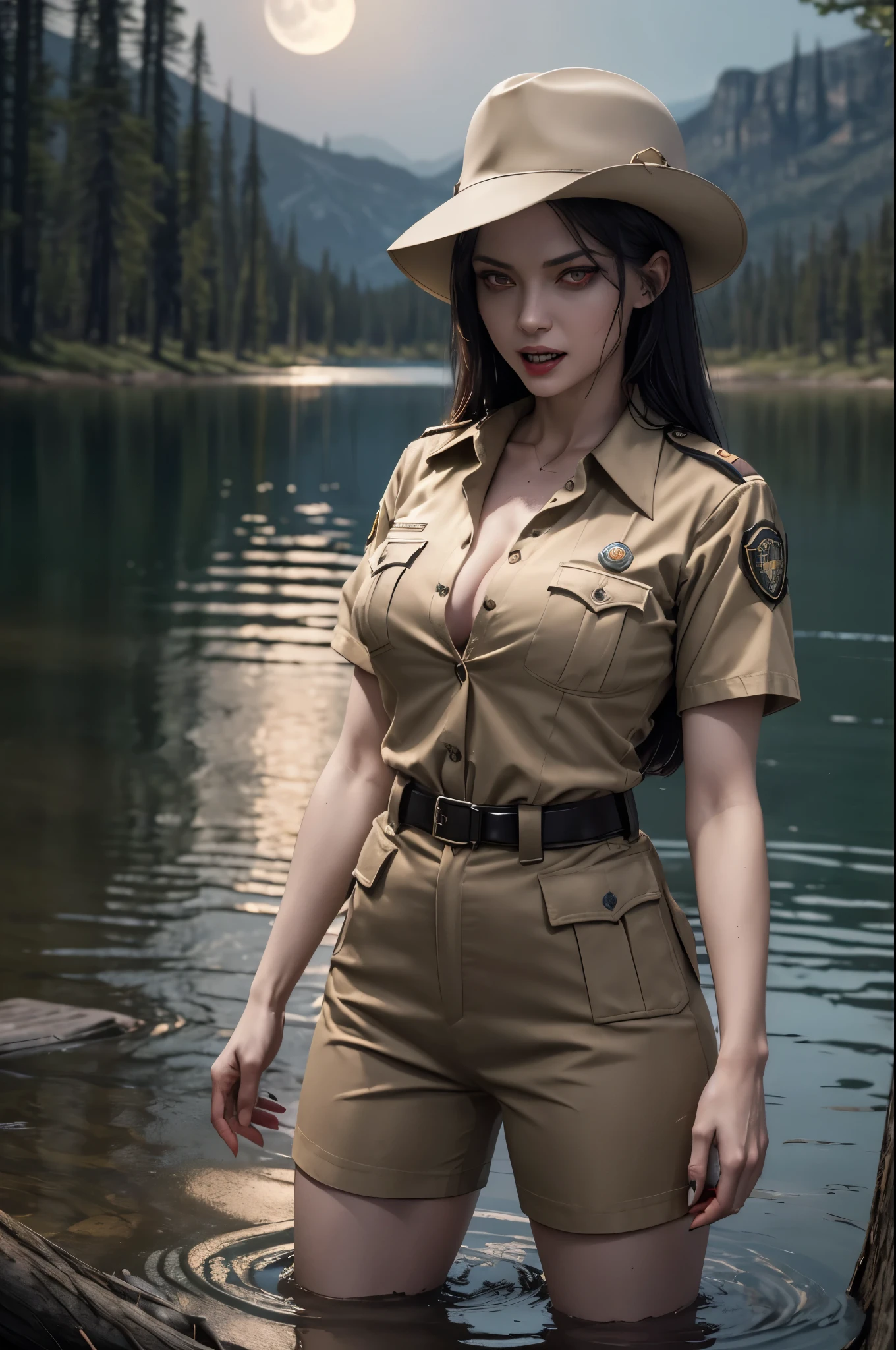 (((night, moonlight))) ((a deserted lake)) Vampire woman, (((red eyes and fangs))), pale skin, (((park ranger uniform, beige National Park uniform, short sleeves)))), sexy, (open shirt, cleavage, NSFW), (open mouth, blood on mouth), (evil grin), looking at viewer, ((full figure)), (standing in lake), sopping wet, style of a painted book illustration, blues and purples, dramatic lighting, ((depth of field)), ((masterpiece)), ((best quality)), ((highly detailed)), horror theme