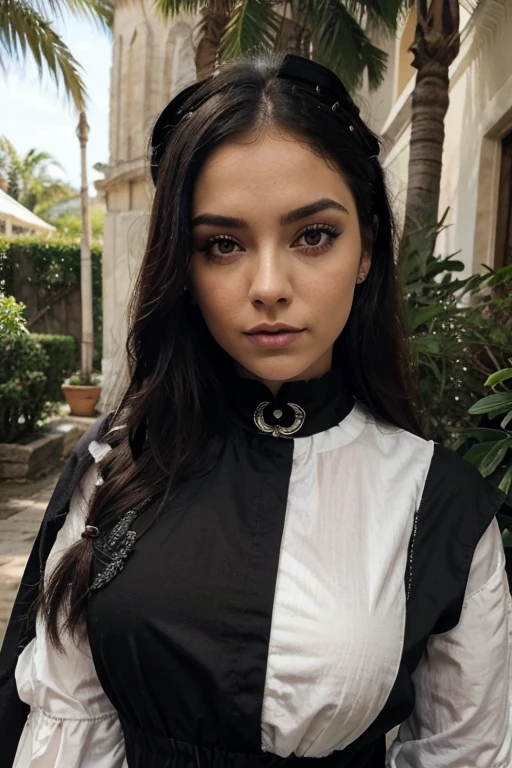 (obra maestra:1.2), (mejor calidad:1.2), ojos perfectos, cara perfecta, perfect lighting, 1 chica, Gothgal hembra madura de pie con las manos delante, pelo largo, peinado intrincado, constituir, labios negros, thick eyelashes, sad, melancholia, wearing a gothic costume, vestido blanco y negro, volantes, cintas, mangas hinchadas, hombros descubiertos, gargantilla de encaje, joyas, peaceful, Tranquilo, enfriar, fondo exterior detallado, Precioso paisaje, Fancy, verano, soleado, bronceado, flores, trees