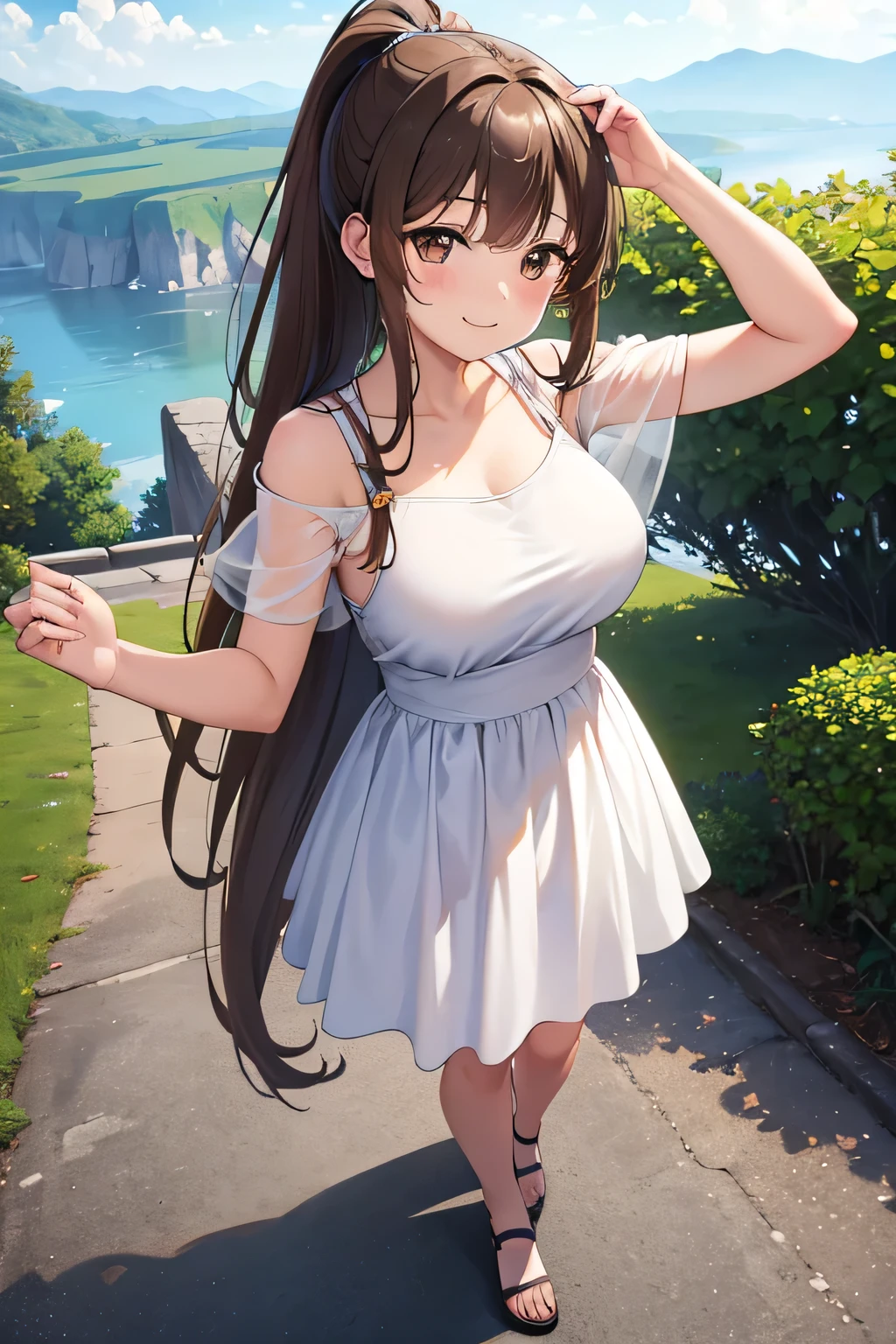One girl, Long light brown hair, Brown eyes, White dress,Large Breasts , Absurd, High resolution, Super sharp, 8k, masterpiece, View Viewer, whole body , ponytailOne girl, Long light brown hair, Brown eyes, White dress,Large Breasts , Absurd, High resolution, Super sharp, 8k, masterpiece, View Viewer, whole body , ponytail, standing , full body , toe, smile