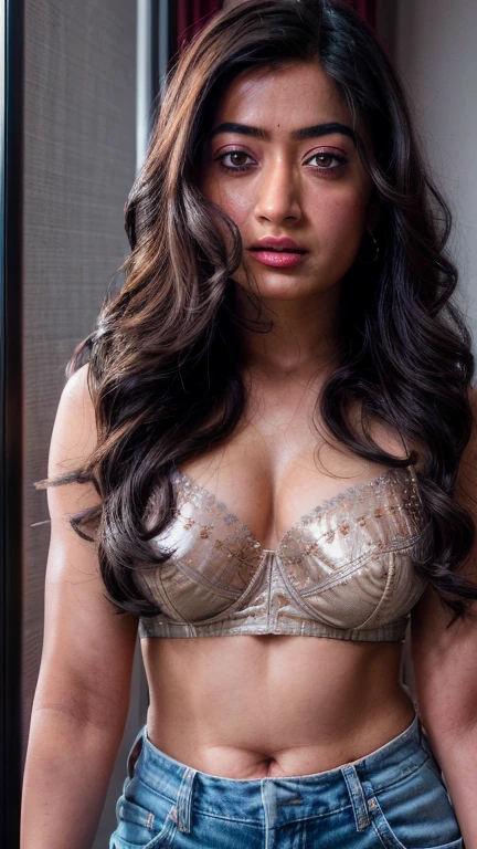 Potrait closeup photo of Rashmika mandanna in bra, ((free shaggy uncombed hair)), ((tall body)),(( looking at viewer)),((big cheeks)),30 year old woman,1woman,solo,breasts,shirt,(fleshy face),medium hair,cleavage,black hair,navel,midriff, bedroom , crop tshirt,
best quality,masterpiece,illustration,an extremely delicate and beautiful,CG,unity,8k wallpaper,Amazing,finely detail,masterpiece,official art,extremely detailed CG unity 8k wallpaper,incredibly absurdres,huge filesize,ultra-detailed,highres,extremely detailed,beautiful detailed girl,realistic,broad fleshy body, ((perfect eyes nd eyebrow))