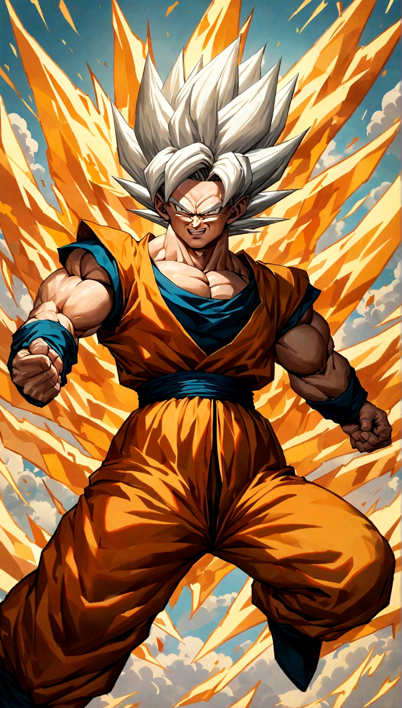 Action-filled depiction of Goku in Super Saiyan mode from Dragon Ball, with bright, explosive background effects, rendered in the style of Rossdraws and Stanley Artgerm Lau.