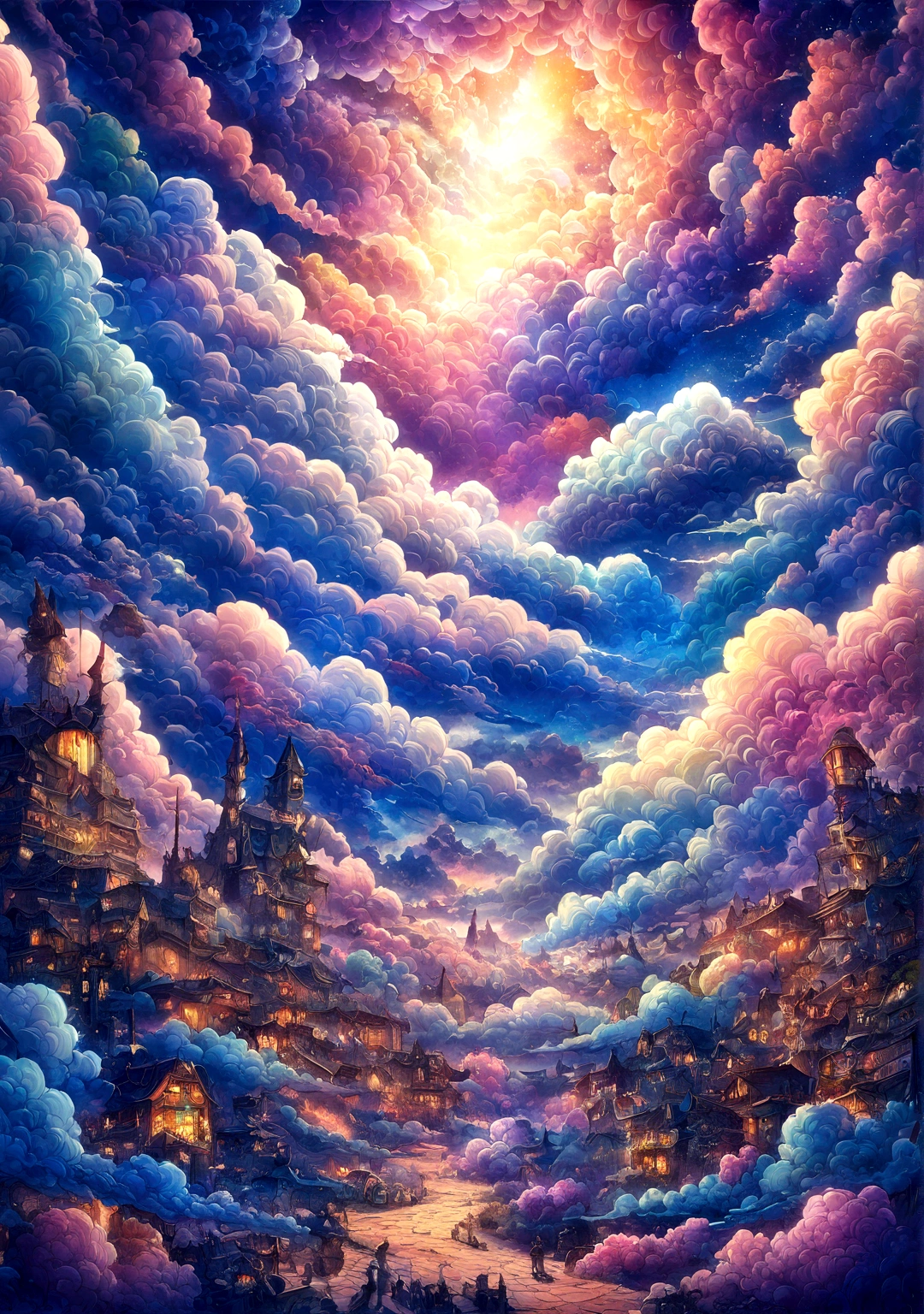 Street painting of a sky full of clouds, glowing clouds, Poisonous clouds, Surreal clouds, Psychedelic Cloud, Multicolored clouds, Spectacular Clouds, Beautiful sky, Surreal Sky, Fractal Thunder Dan Mumford, Cosmic clouds, Awesome Wallpapers, Psychedelic Sky, Burning Clouds, Clouds at night, Detailed Sky, Colorful sky, Anime Cloud, majestic clouds, Beautiful sky