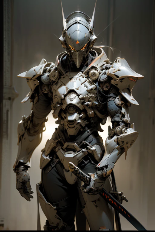 a valiant knight in a dark future, a buster sword with a katana inside, plasma hair, agile reflective armor, (best quality,4k,8k,highres,masterpiece:1.2),ultra-detailed,(realistic,photorealistic,photo-realistic:1.37),digital art, concept art, dramatic lighting, cinematic, moody, dark, sci-fi, futuristic