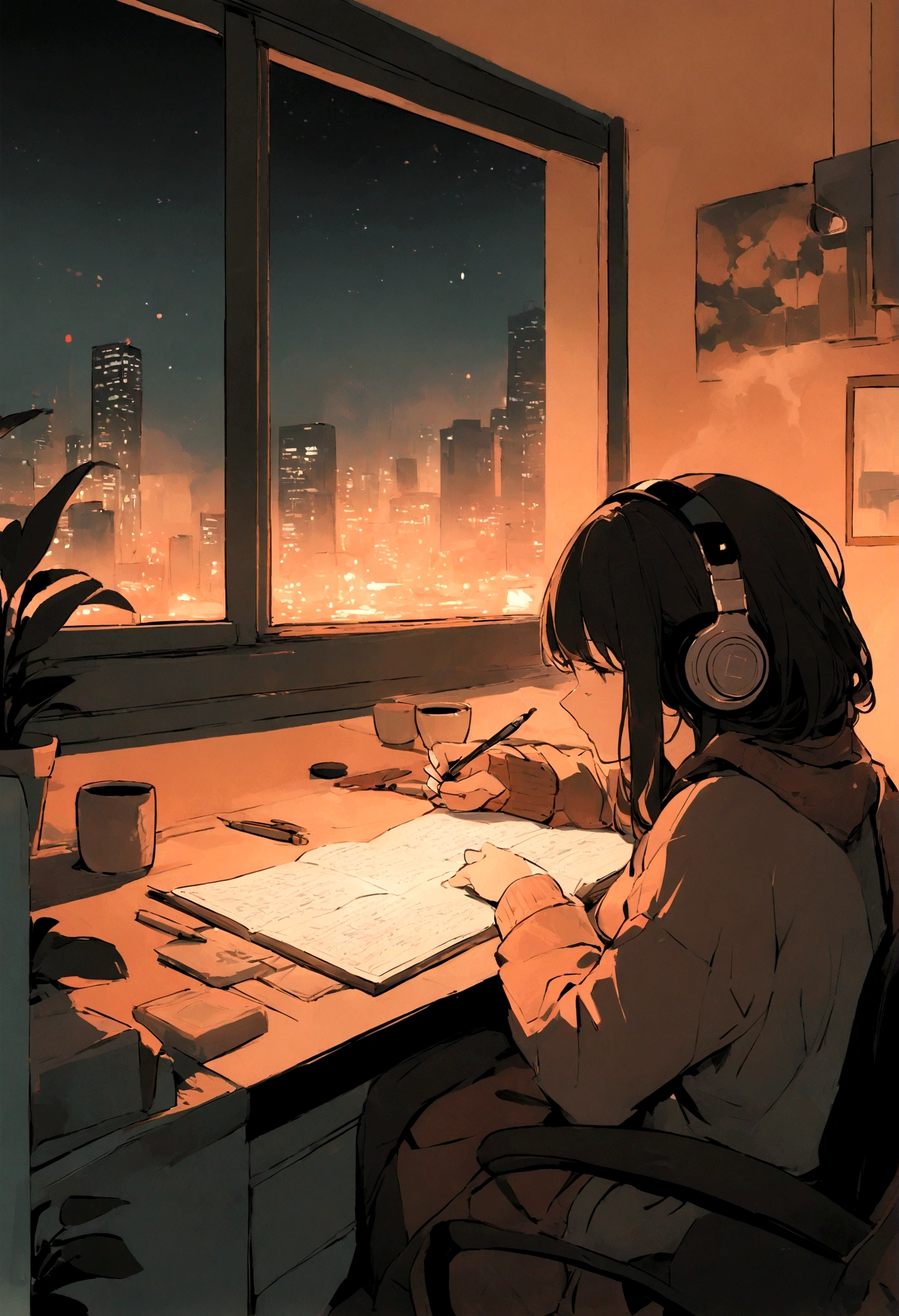 Create a cozy thumbnail featuring a dimly-lit room with a person at a desk, wearing headphones and writing. Include warm lighting, a steaming coffee cup, plants, and a nighttime cityscape through the window. Add text in a handwritten font: "Lofi Beats to Chill/Study to". Use muted, warm tone