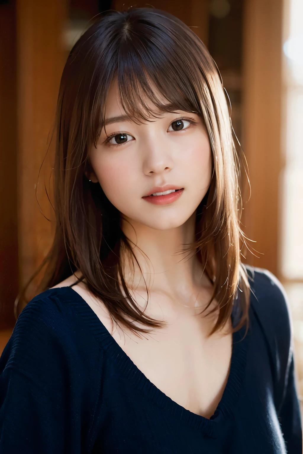 (8k、Raw photo、highest quality、masterpiece:1.2)、(Realistic、Photorealistic:1.37)、Ultra-detailed、超A high resolution、1 girl、Seeing the viewer、Beautifully detailed face、Shy laugh、narrow、(Narrow waist) :1.3)、knit、Beautifully detailed skin、Skin Texture、Floated hair、Professional Lighting、No sleeve、Looking up、Big Money Open Mouth