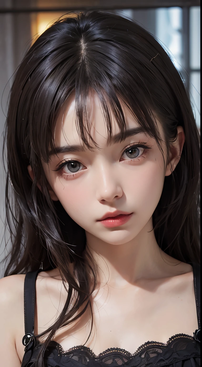 masterpiece, highest quality, (Dark Photos:1.3), Realistic, One girl wearing a lace camisole, Flat bangs, A beautiful innocent symmetrical face, Emotional, Ulzzang, (Purelos Face_v1:0.7)