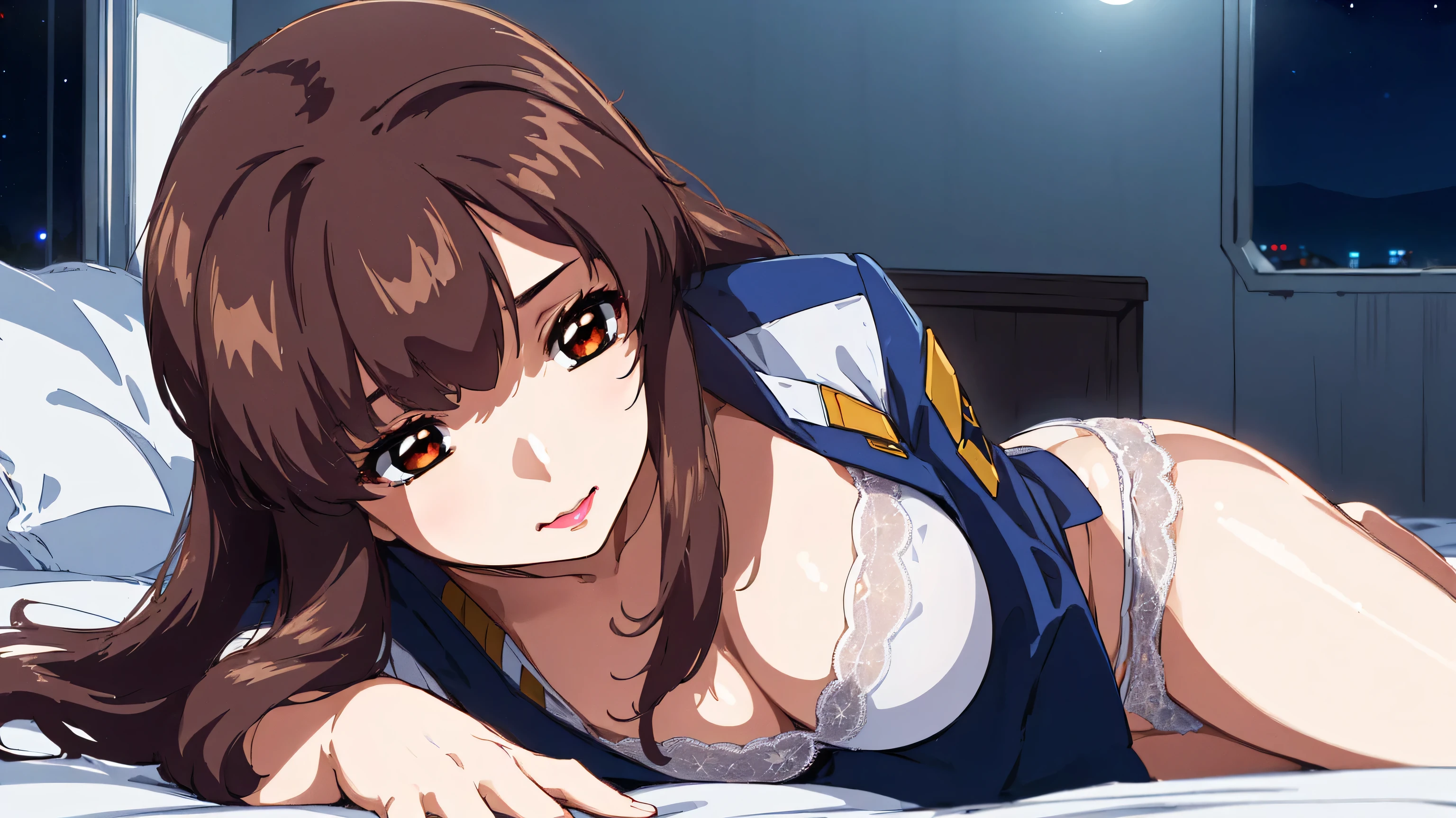 (Night:1.7),a space battleship in space,

Lying,bed,

military uniform, military,jacket,blue and white uniform,Skirt,

(White lace panties :1.3),

bangs,brown_hair, long_hair,red eyes,lipstick,makeup,

1 girl,27yo,female,Beautiful Finger,Beautiful long legs,Beautiful body,Beautiful Nose,Beautiful character design, perfect eyes, perfect face, Japanese,cosplay,

looking at viewer, (innocent_big_eyes:1.0),alluring,embarrassed, shy,light smile,

official art,extremely detailed CG unity 8k wallpaper, perfect lighting,Colorful, Bright_Front_face_Lighting,
(masterpiece:1.0),(best_quality:1.0), ultra high res,4K,ultra-detailed,
photography, 8K, HDR, highres, absurdres:1.2, Kodak portra 400, film grain, blurry background, bokeh:1.2, lens flare, (vibrant_color:1.2)

(Beautiful,large_Breasts:1.4), (beautiful_face:1.5),(narrow_waist),

