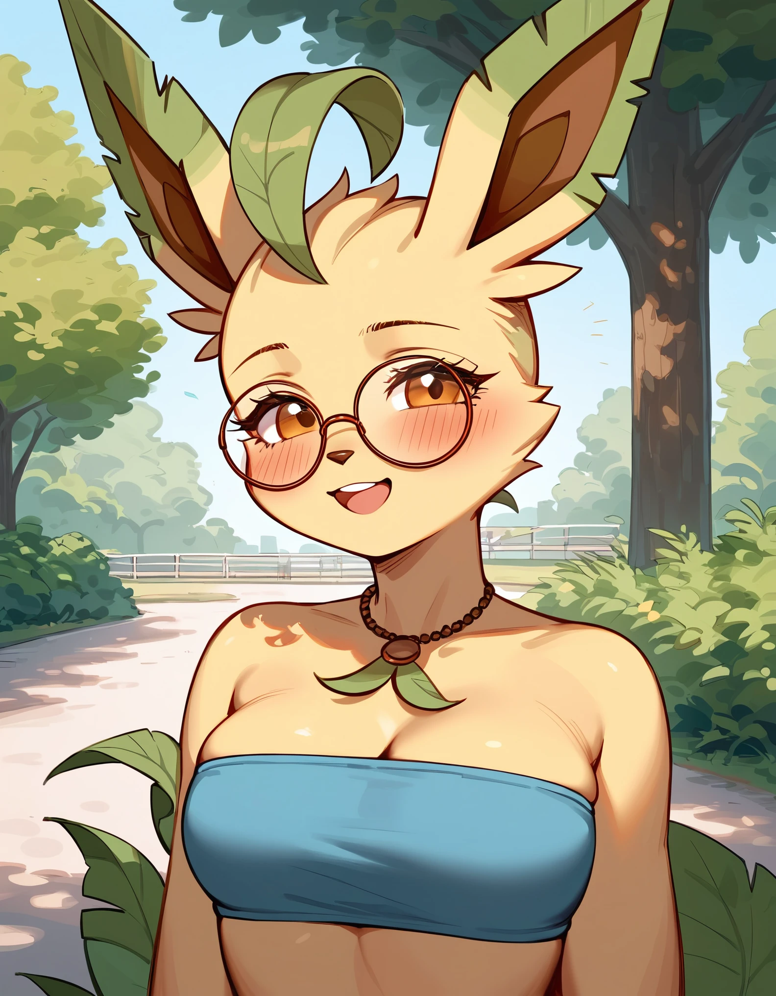 score_9,score_8_up,score_7_up, anthro furry female leafeon Pokemon, tall, wearing hippie bandeau, big round glasses, eyes half opened, bored eyes, smiling softly, mouth open, outdoors, at a park, blushing, portrait 