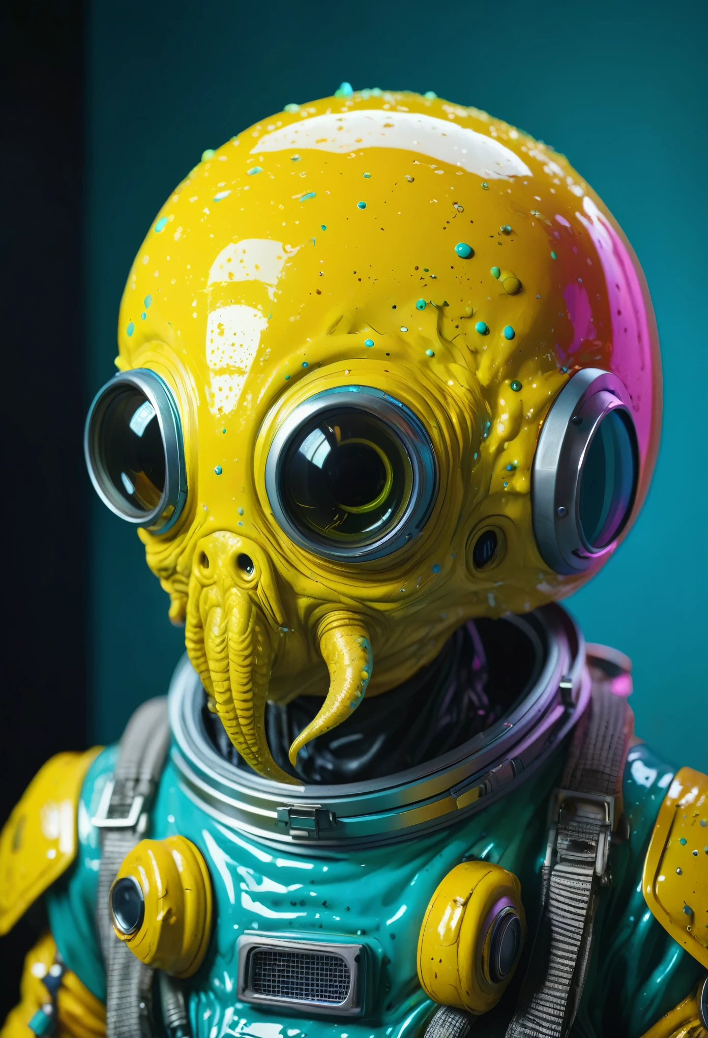 8K, ARTISTIC photogrAphy, best quAlity, mAsterpiece: 1.2), A (potrAit:1.2) Don Bluth Style  ASTRONAUT Cthulhu yellow Toon Doll, full body RAW candid cinema, cyan hair, 16mm, color graded portra 400 film, remarkable color, ultra realistic, sad admosphere, dark lighting, oppressive atmosphere, depressive colors, kodak portra 400, photograph,r, Natural Light,  Pinhead lighgts, blur reflection, Brush Strokes, Smooth, abstract, Splatter, Oil On Canvas, rainbow colors, fractal isometrics details bioluminescens : a stunning realistic photograph of wet bone structure, 3d render, octane render, intricately detailed, titanium decorative headdress, cinematic, trending on artstation | Isometric | Centered