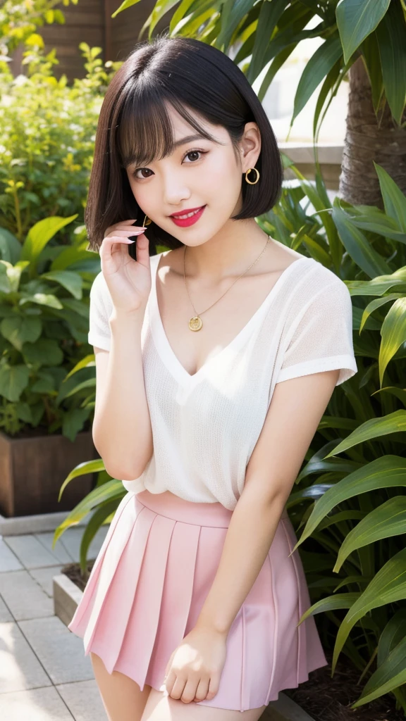 (8k, Photorealistic, Raw photo, Highest quality: 1.4),Japanese idol style1Beautiful girl of the person,18-year-old,Short bob hairstyle,Black Hair,She has her hair tucked behind her ears,She has small earrings in her ears,Big, clear grey eyes,Long eyelashes,Plump Cheeks,She is wearing pink lipstick,Apply gloss over your lipstick for glossy, plump lips,Smiling,A short pendant is hanging around her neck.,The nails on both hands are painted with light pink nail polish.,Both toenails have red nail polish,Wearing a V-neck summer knit on bare skin,Wearing a pleated skirt,wearing sandals on bare feet,garden,Standing posture,Angle from the front,Full body portrait