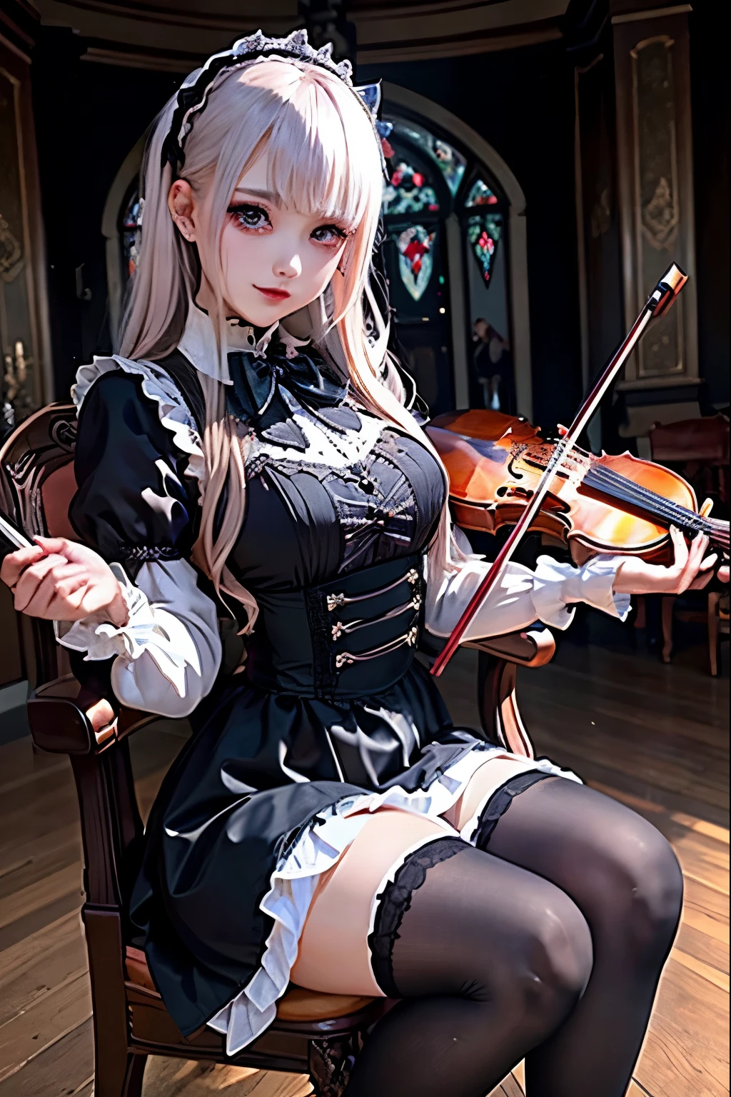 ハードDark Gothicメイク、Deep Night Sky、Horror、Black dark eyeshadow、sad、Good skin radiance、Dark Gothicメイク、Dark smile、palace、24-years-old、Embarrassed look、Dark Gothic、Obscene language、highest quality、Drunk face、紫のMaid clothes、Mysterious、Noble、sexy、Loving smile、Right blue eye, Left eye is red、Platform Heel Shoes、Heavy makeup、Gothic Lolita Clothing、Silver Hair、Long Hair Straight Hair、Cute Gothic Lolita Dress、Beautiful Face、elegant features、Fascinating face、Stained glassが背景、Chest glistening with sweat、The room is dark、gothic long dress、Bell Sleeves、Wizard Sleeve、Decadent look、Sexually excited expression、Glossy thighs wet with water、Thighs that are wet and shiny with oil、Background of a room full of roses、The embroidery is pink、The dress has pink embroidery、Thigh-high socks、Knee-high socks、Gentle expression、Dark black eyeshadow、Stained glassと薔薇背景、Female Duo、Female couple、dark church background、Stained glass、Black metal world、Dark Castle、Slender body、gothic long dress、Maid clothes、Victorian dresses、Her thighs glisten with sweat、My body is wet and shiny、Lots of glitter on the thighy thighs are sticky from sweating、Sweat glistens on the thighs, The whole body is sweaty and shiny、Quite sweaty、My thighs are sweaty、My thighs are so wet、My thighs are shining with sweat、A lot of sweat glistens all over the body、Small breasts、Orchestra StageStage、Dynamic Angle、sitting on a gothic chair、Play the violin gracefully、With a violin、Press the violin strings、violinist、orchestra performance、Thin thighs、slender、Violin body and strings、Sit on a chair、pantyhose、