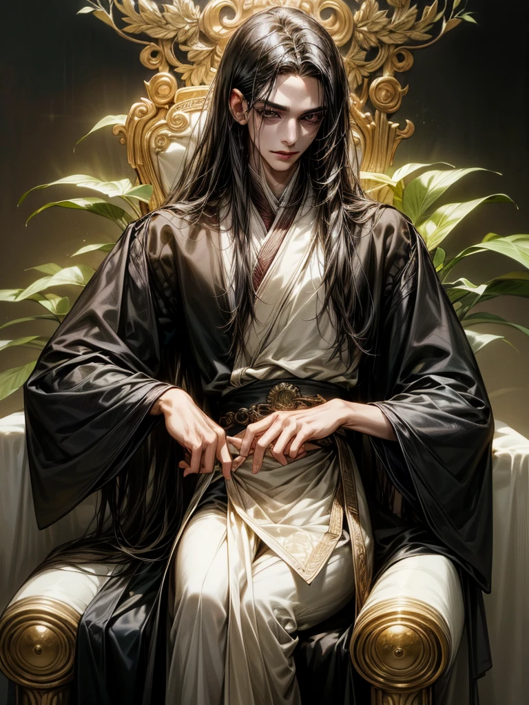 One Handsome male, long black hair, sleek body, small waist.
Fine eyes and detailed fine face.
Silk and jewerly ( diamonds, safires, rubies and gold) on his intricate and lusciously detailed hanfu clothing. Jewerly belt around waist.
Posing seductively on a chair.
Flowers and plants around him.
Cinematic lighting effects
Masterpiece Artwork
AbsurdRes
High Definition level of art style
HDR
