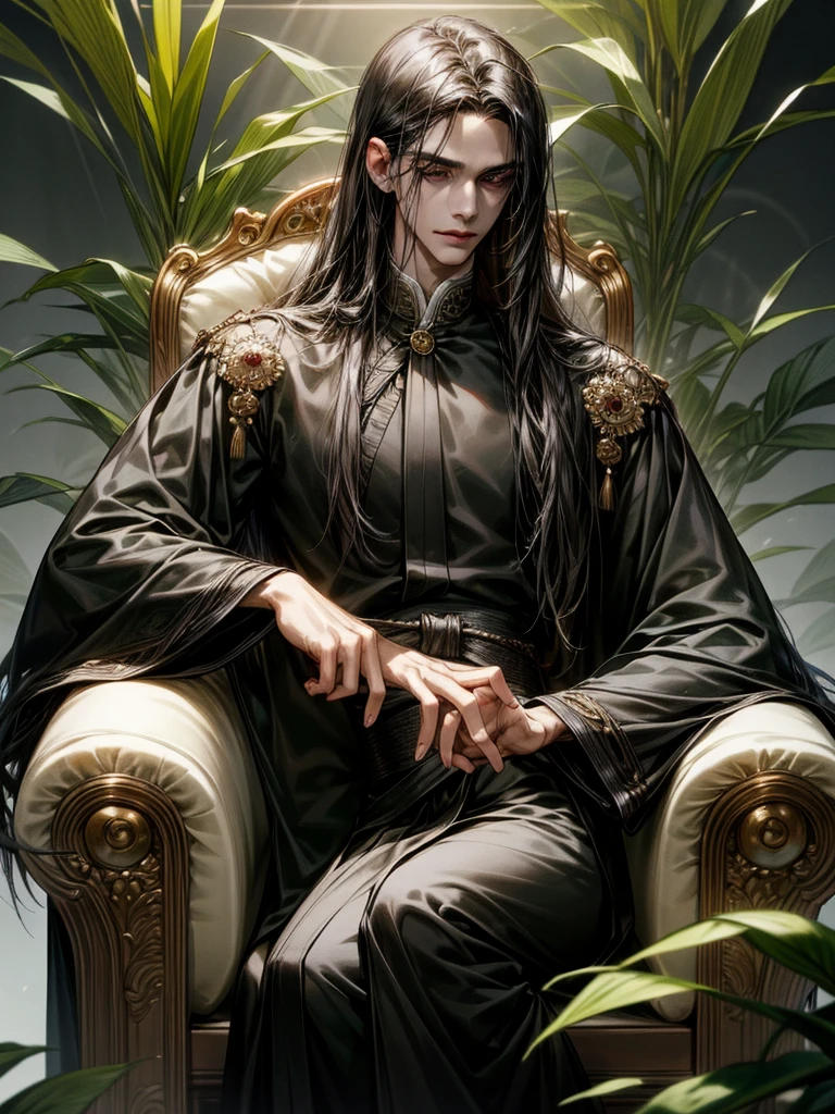 One Handsome male, long black hair, sleek body, small waist.
Fine eyes and detailed fine face.
Silk and jewerly ( diamonds, safires, rubies and gold) on his intricate and lusciously detailed hanfu clothing. Jewerly belt around waist.
Posing seductively on a chair.
Flowers and plants around him.
Cinematic lighting effects
Masterpiece Artwork
AbsurdRes
High Definition level of art style
HDR