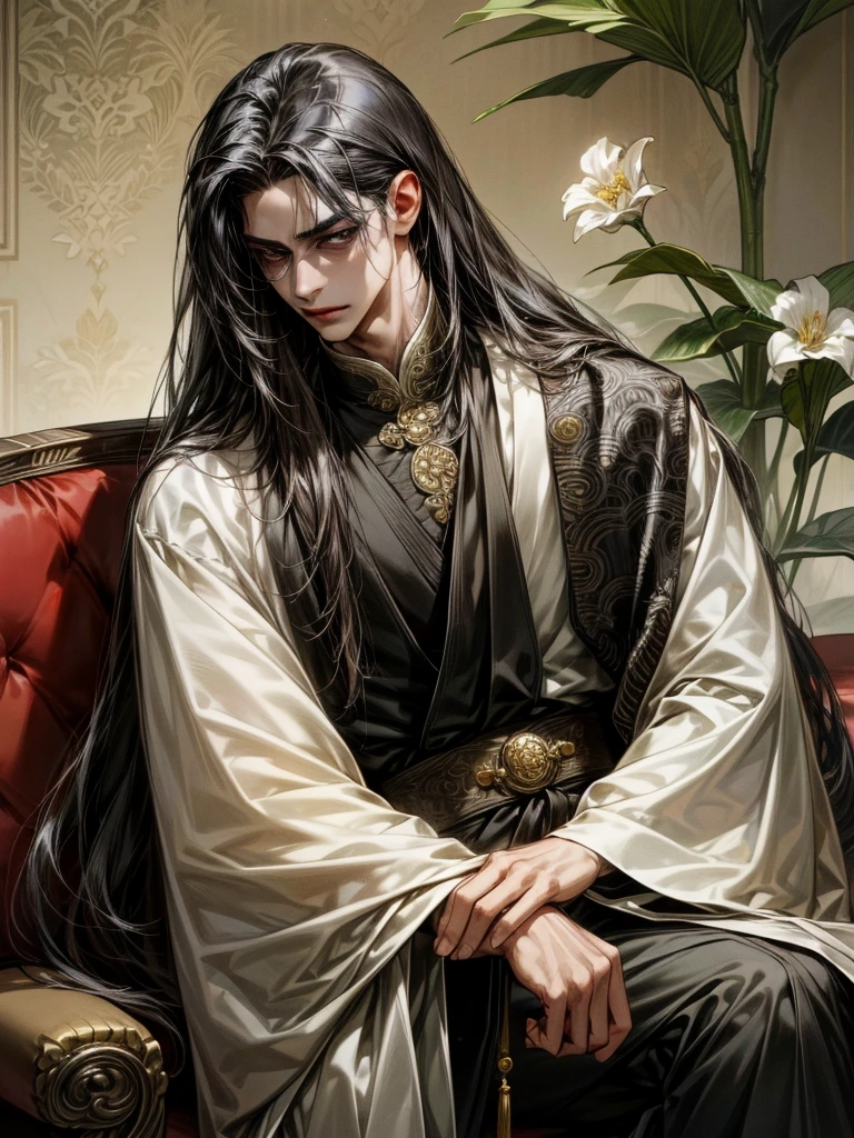 One Handsome male, long black hair, sleek body, small waist.
Fine eyes and detailed fine face.
Silk and jewerly ( diamonds, safires, rubies and gold) on his intricate and lusciously detailed hanfu clothing. Jewerly belt around waist.
Posing seductively on a chair.
Flowers and plants around him.
Cinematic lighting effects
Masterpiece Artwork
AbsurdRes
High Definition level of art style
HDR
