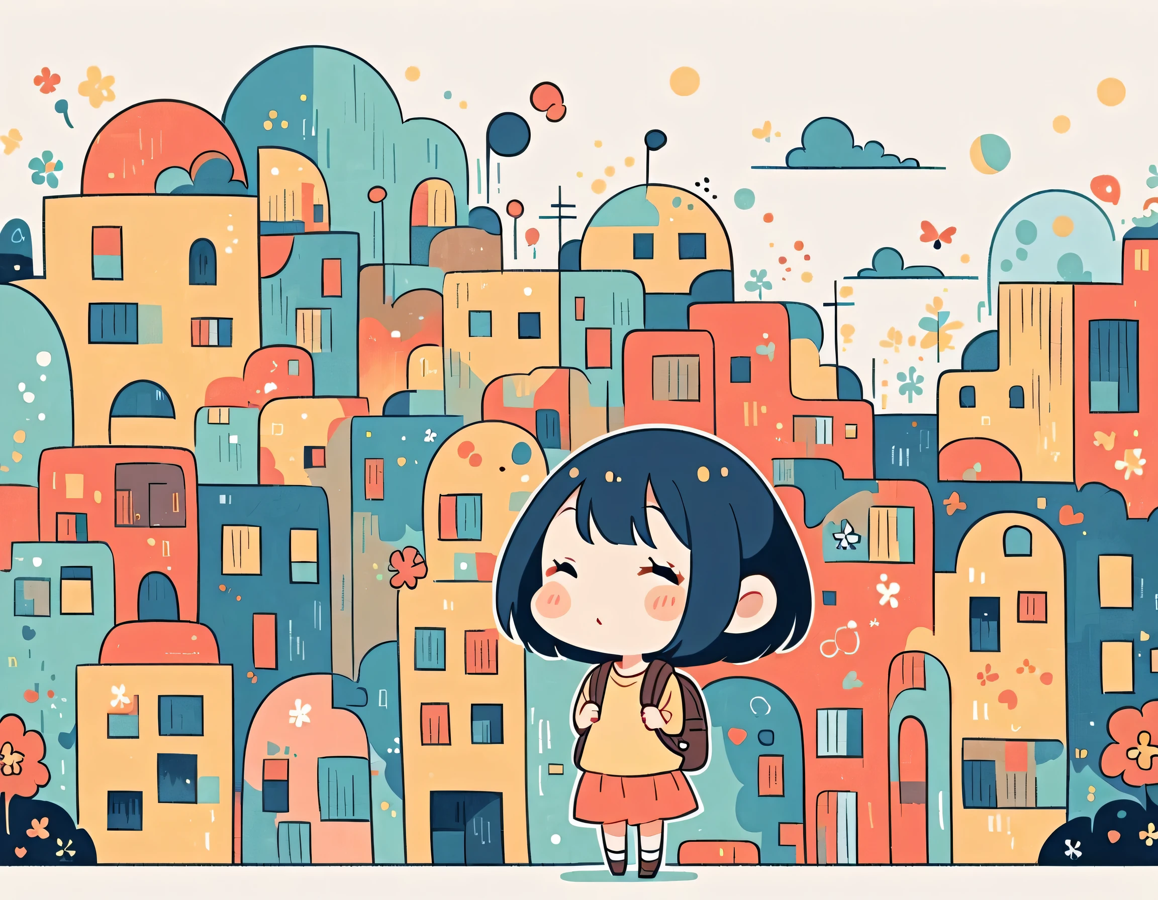 Hayao Miyazaki style, Standing in front of a high wall,Girl with backpack on rooftop,My backpack is full of happy spring,Simple Line Initialism,Abstract art,Urban Background, (((The most beautiful girl))), (((chibi)))