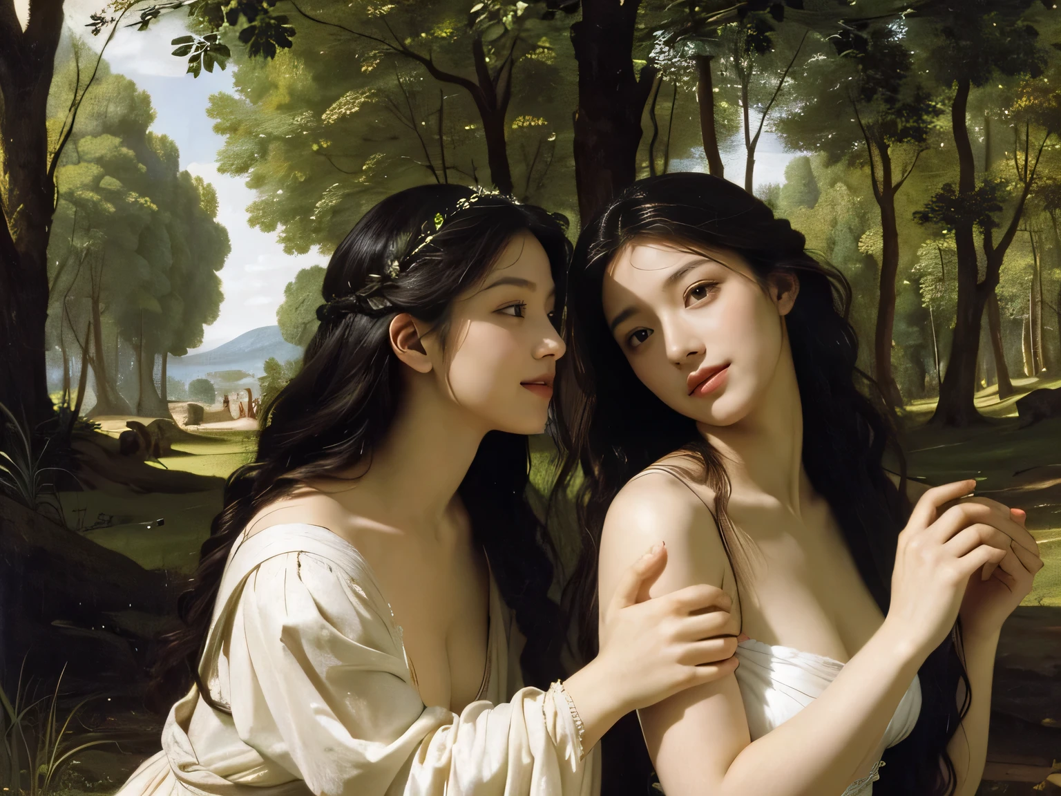Giorgione painting style,Barbizon forest A beautiful woman in Greek dress smiles on the shore,Sweet and seductive appearance.、Caravaggio's paintings、Chiaroscuro of Caravaggio、hair tousled by the wind,Two women frolicking,cute smile, expression of ecstasy,Sexy,erotic, full body portrait