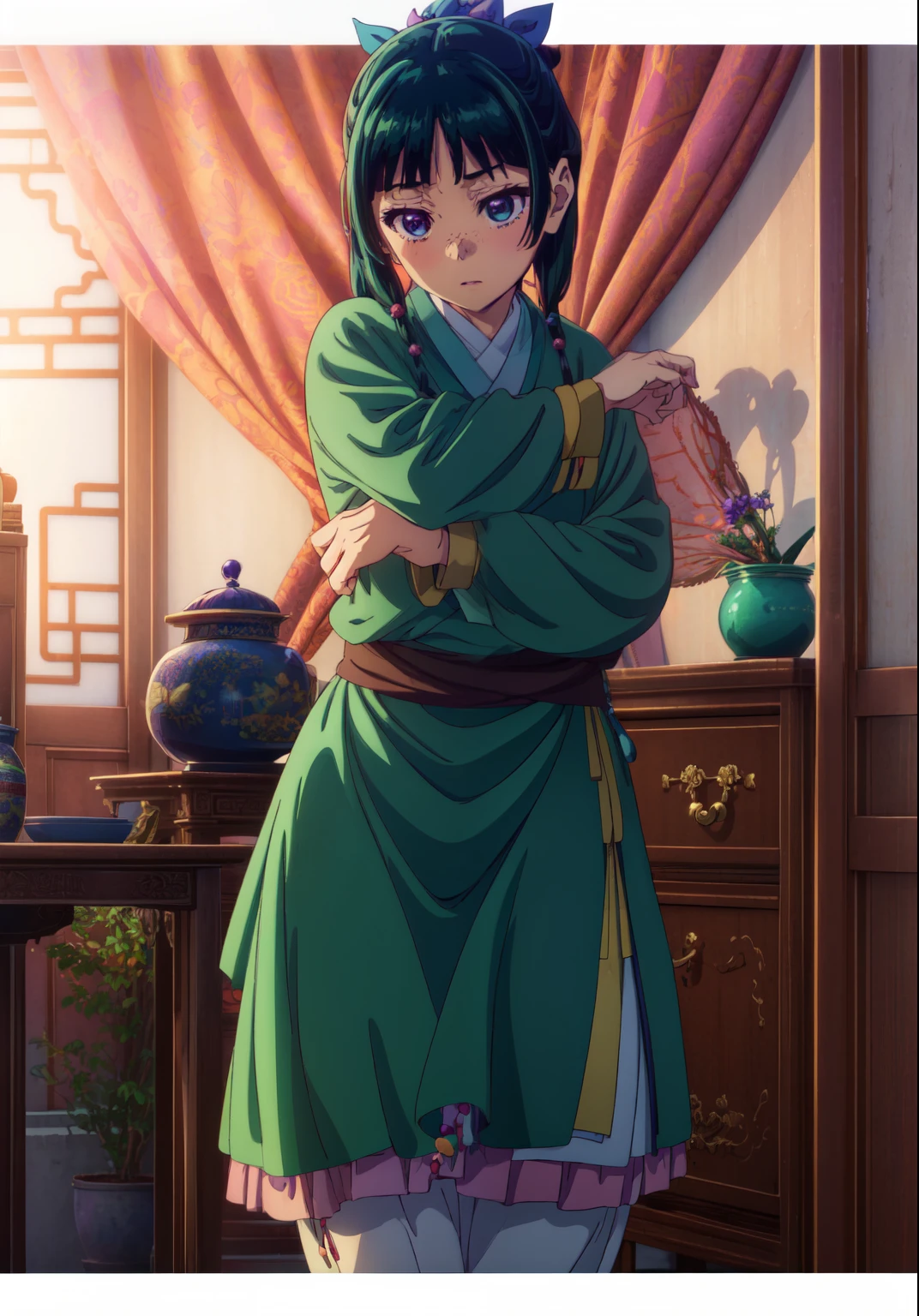 (Masterpiece, High Quality, Top quality, High-Detailed, Detailed CG, Cinematic Shadow, Cinematic Scene, Beautiful Detailed Eyes, Ultra Resolution, Depth of Field), (Character: maomao (kusuriya no hitorigoto)), Looking At The Audience, Looking Down, Looking At The Audience Below, (Blush Expression:1.2), (Small Expression:1.2), (SFW:1.2), (Dark Green Hair), (Two Strands of Hair Frame and are adorned with 2 beads each), Purple Eye, Five Fingers, Good Composition, Arms, Thighs, Small Breasts, Hips, Night Times, Midnight, Blur Background, Chinese Architectures.