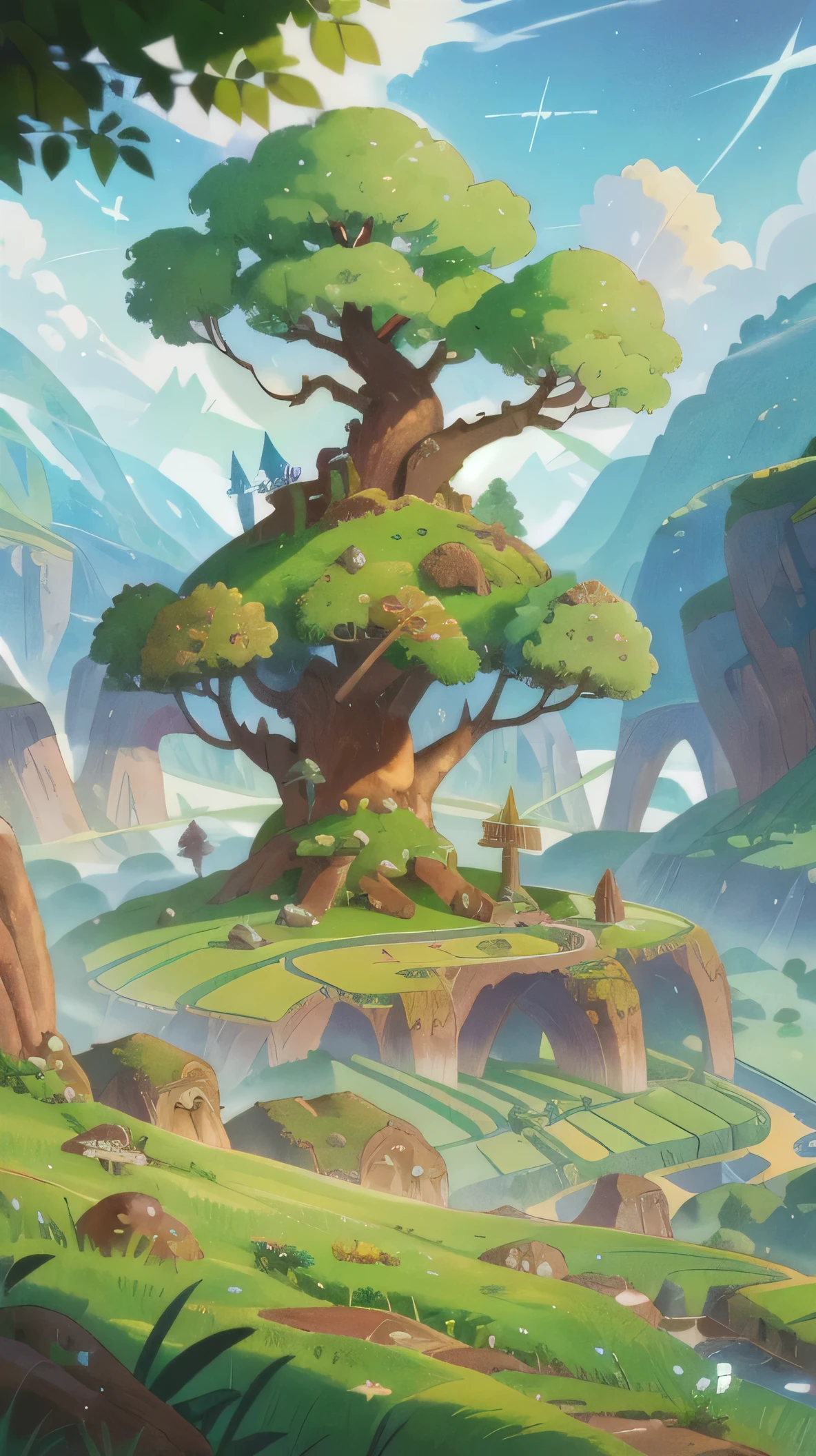 Promotional art:1.1), (masterpiece, best quality:1.2), (Fantasy landscape showing Yggdrasil above and the fields below:1.2), (from below:1.2), cute, fascinating nature, (mysterious rune:1.2), river, lichen, (rainbow:0.90), (dusty sunlight:1.1), (central composition:1.1),