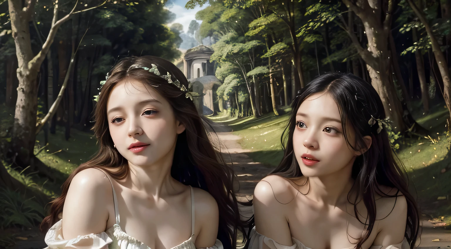 Giorgione painting style,Barbizon forest A beautiful woman in Greek dress smiles on the shore,Sweet and seductive appearance.、Caravaggio's paintings、Chiaroscuro of Caravaggio、hair tousled by the wind,Two women frolicking,cute smile, expression of ecstasy,Sexy,erotic, full body portrait