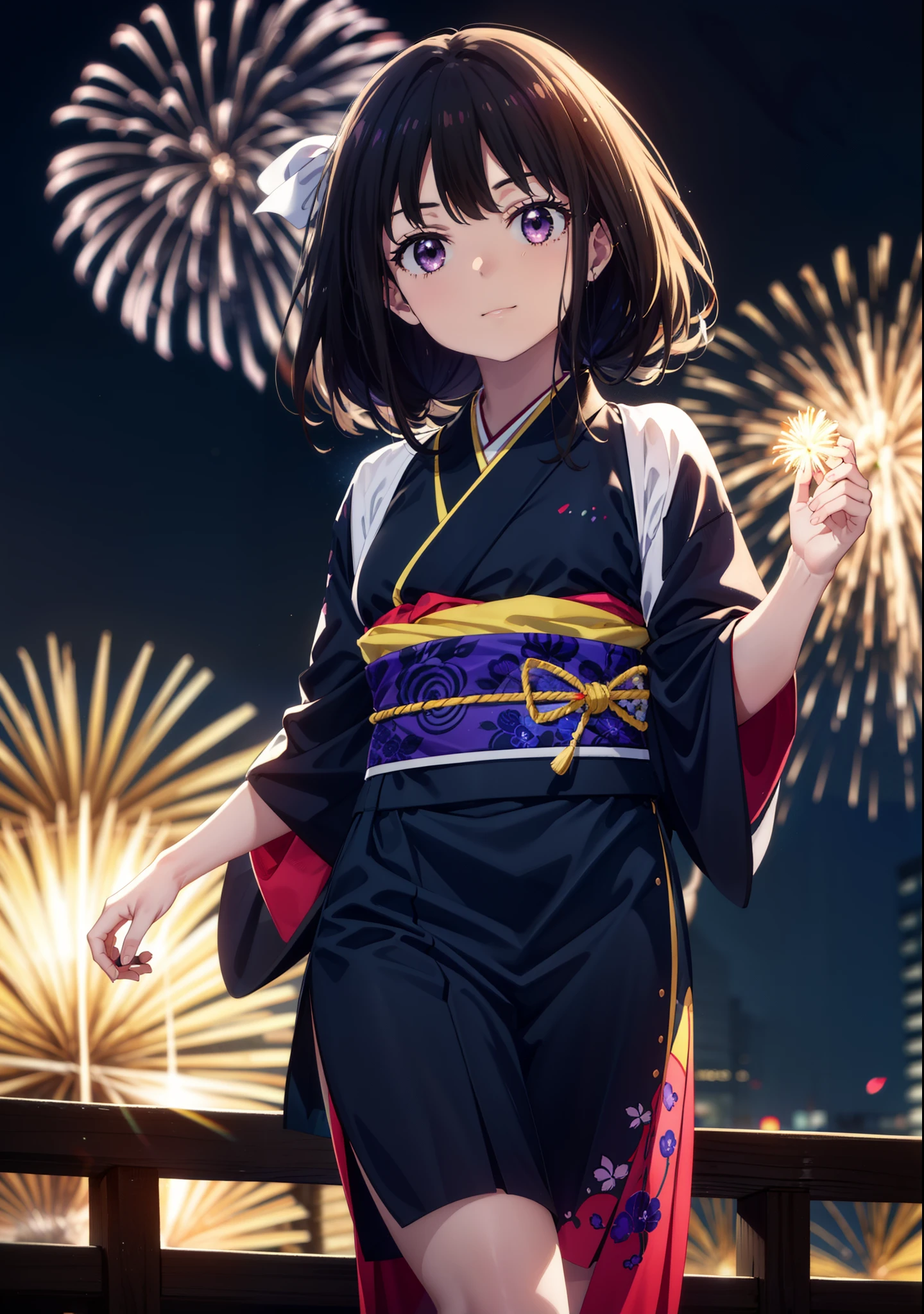 Takiuchi, Check it out,One Girl, Long Hair, bangs, Black Hair, (Purple eyes:1.2),Flower Hair Ornaments,hair tied back,smile,blush,Embarrassing,Blue kimono,Blue long skirt,Sandals,日本のfestival，夏festivalの屋台、Red Lantern,Fireworks in the night sky,The place is a fireworks display,Time is night,whole bodyがイラストに入るように,Looking up from below、Walking,
break outdoors, festival,shrine,
break looking at viewer, whole body,Upper Body,  (Cowboy Shot:1. 5)
break (masterpiece:1.2), highest quality, High resolution, unity 8k wallpaper, (shape:0.8), (Beautiful details:1.6), Highly detailed face, Perfect lighting, Extremely detailed CG, (Perfect hands, Perfect Anatomy),