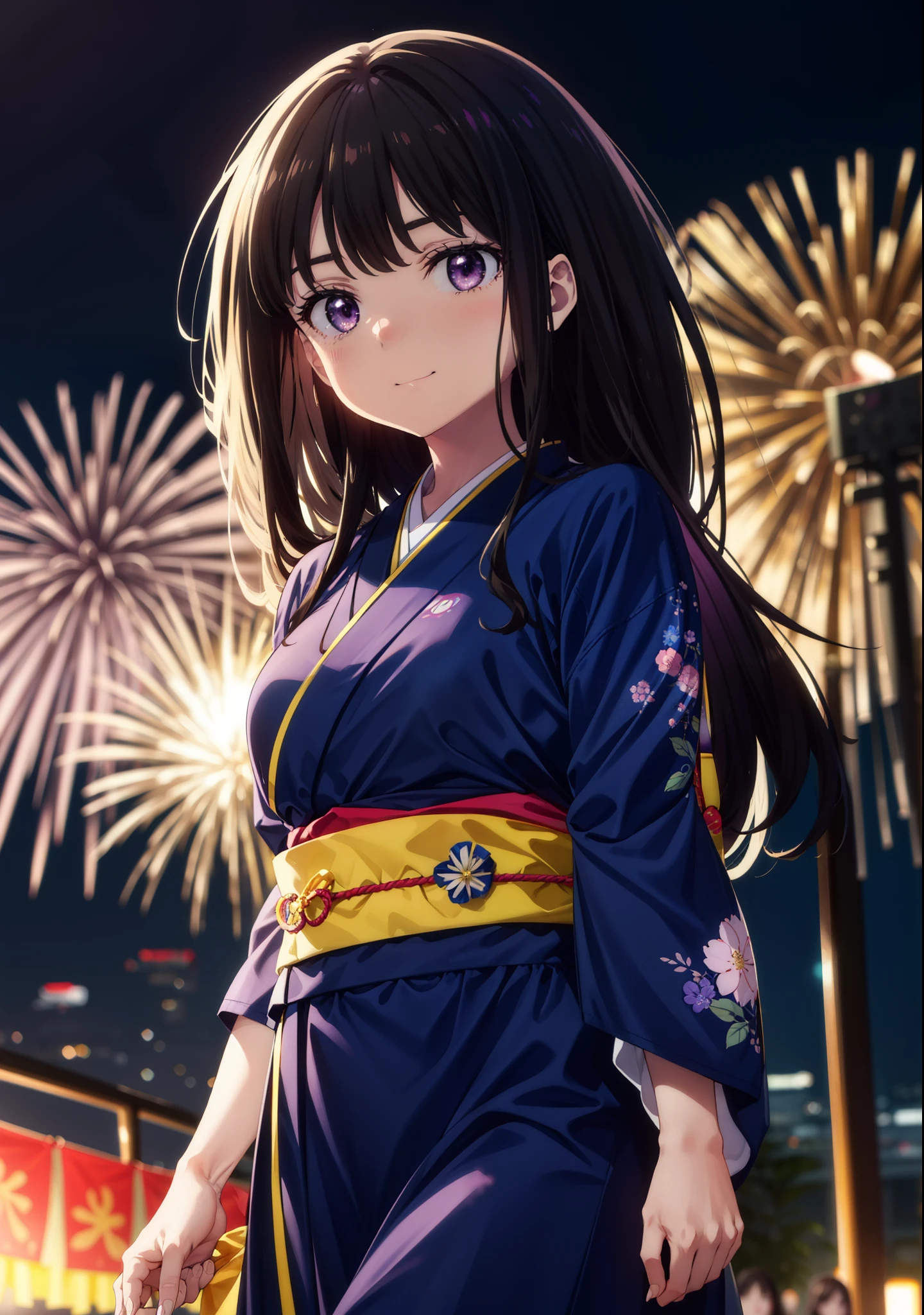 Takiuchi, Check it out,One Girl, Long Hair, bangs, Black Hair, (Purple eyes:1.2),Flower Hair Ornaments,hair tied back,smile,blush,Embarrassing,Blue kimono,Blue long skirt,Sandals,日本のfestival，夏festivalの屋台、Red Lantern,Fireworks in the night sky,The place is a fireworks display,Time is night,whole bodyがイラストに入るように,Looking up from below、Walking,
break outdoors, festival,shrine,
break looking at viewer, whole body,Upper Body,  (Cowboy Shot:1. 5)
break (masterpiece:1.2), highest quality, High resolution, unity 8k wallpaper, (shape:0.8), (Beautiful details:1.6), Highly detailed face, Perfect lighting, Extremely detailed CG, (Perfect hands, Perfect Anatomy),