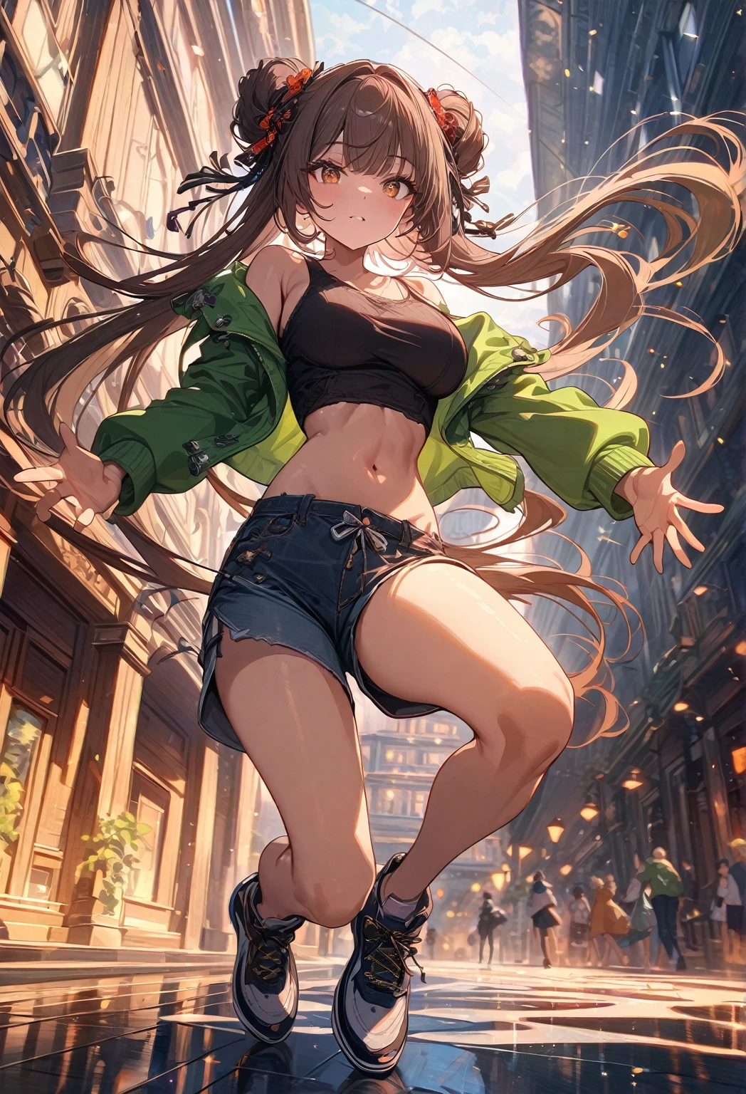 (best quality, absurdres, top details, high quality, very aesthetic, detailed, highest quality, newest, highres, ultra fine painting, masterpiece), digital art, official art, cinematic, 4k, 8k resolution, 8K CG wallpaper, CG, detailed background, High Dynamic Range, blurry background, golden hour, blue hour, Starburst effects, crepuscular rays, good ISO, high resolution, wide shot, from far away, epic lighting, RAW photo, POV, sharp focus, lens flare, light reflection, reflections, light source, intricate details, hard light, particle noise, professional photography, bokeh, depth of field, good lighting, hard colors, looking away, detailed lights and shadows, stylish, ultra-detailed, Pixiv, trending art, niji style, modern-days, master crafted, pose, (top quality, details:1.37), foreground, solo, 1girl, a girl, correct fingers, detailed eyes, (medium big breasts:1.2), big thighs, short torso, flushtered, casual, (innocent face, cute, slim), nice hips, nice body, brown hair, (long flowing hair:1.2), twin buns hairstyle, long bangs, long hair, middle hair bangs, brown eyes, dynamic pose, full body, ((black string tanktop:1.2, tummy skin:1.1), off shoulder open green hoodie, shorts, outfit ornaments)