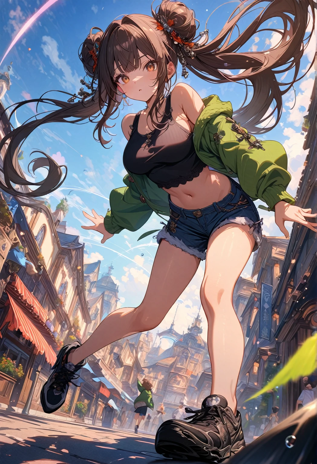 (best quality, absurdres, top details, high quality, very aesthetic, detailed, highest quality, newest, highres, ultra fine painting, masterpiece), digital art, official art, cinematic, 4k, 8k resolution, 8K CG wallpaper, CG, detailed background, High Dynamic Range, blurry background, golden hour, blue hour, Starburst effects, crepuscular rays, good ISO, high resolution, wide shot, from far away, epic lighting, RAW photo, POV, sharp focus, lens flare, light reflection, reflections, light source, intricate details, hard light, particle noise, professional photography, bokeh, depth of field, good lighting, hard colors, looking away, detailed lights and shadows, stylish, ultra-detailed, Pixiv, trending art, niji style, modern-days, master crafted, pose, (top quality, details:1.37),  foreground, solo, 1girl, a girl, correct fingers, detailed eyes, (medium big breasts:1.2), big thighs, short torso, flushtered, casual, (innocent face, cute, slim), nice hips, nice body, brown hair, (long flowing hair:1.2), twin buns hairstyle, long bangs, long hair, middle hair bangs, brown eyes, dynamic pose, full body, ((black string tanktop:1.2, tummy skin:1.1), off shoulder open green hoodie, shorts, outfit ornaments)