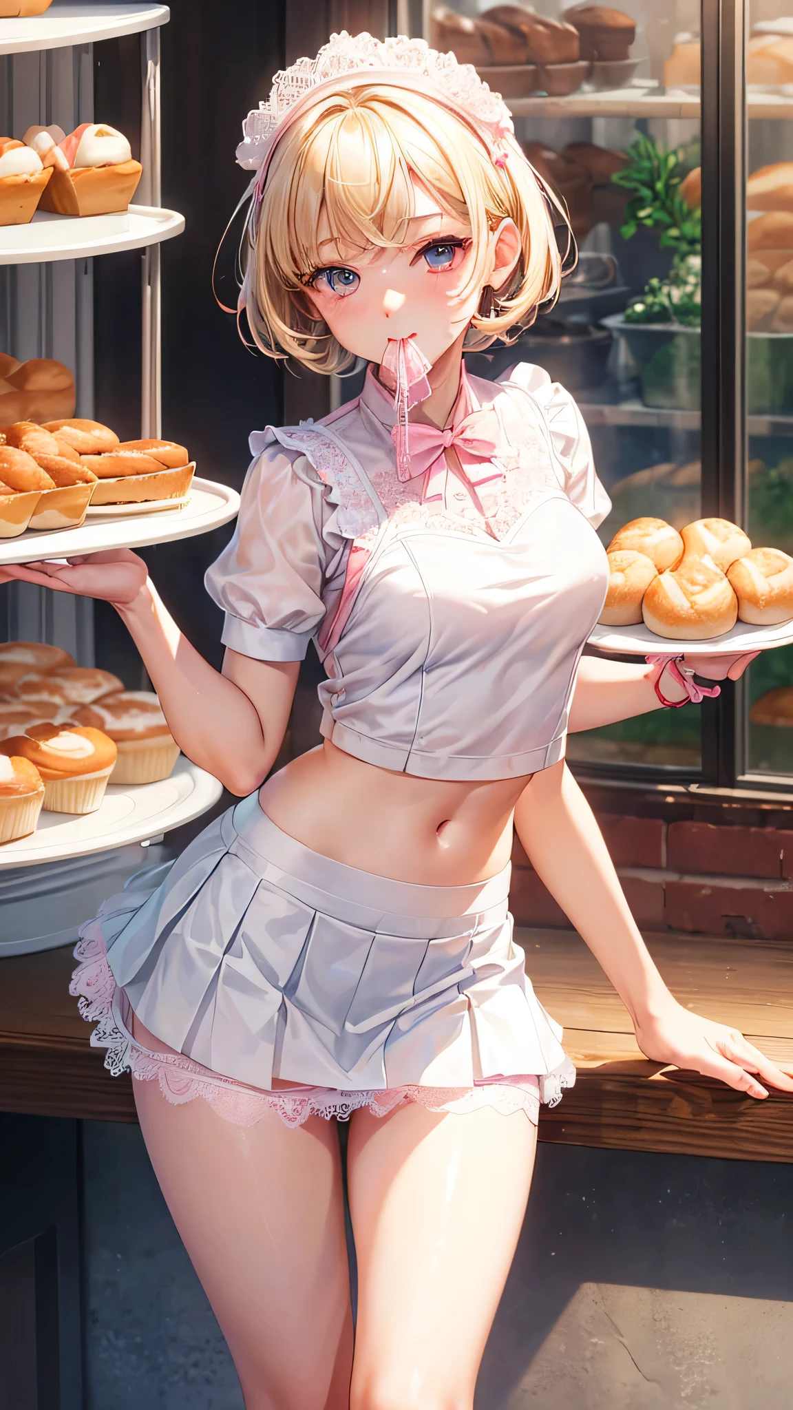 (masterpiece, highest quality:1.3), 1 cute girl, ideal ratio body proportions, blonde short hair, (white baker uniform, white mini skirt, holding pink lace panties in mouth:1.3), made breads, baker,