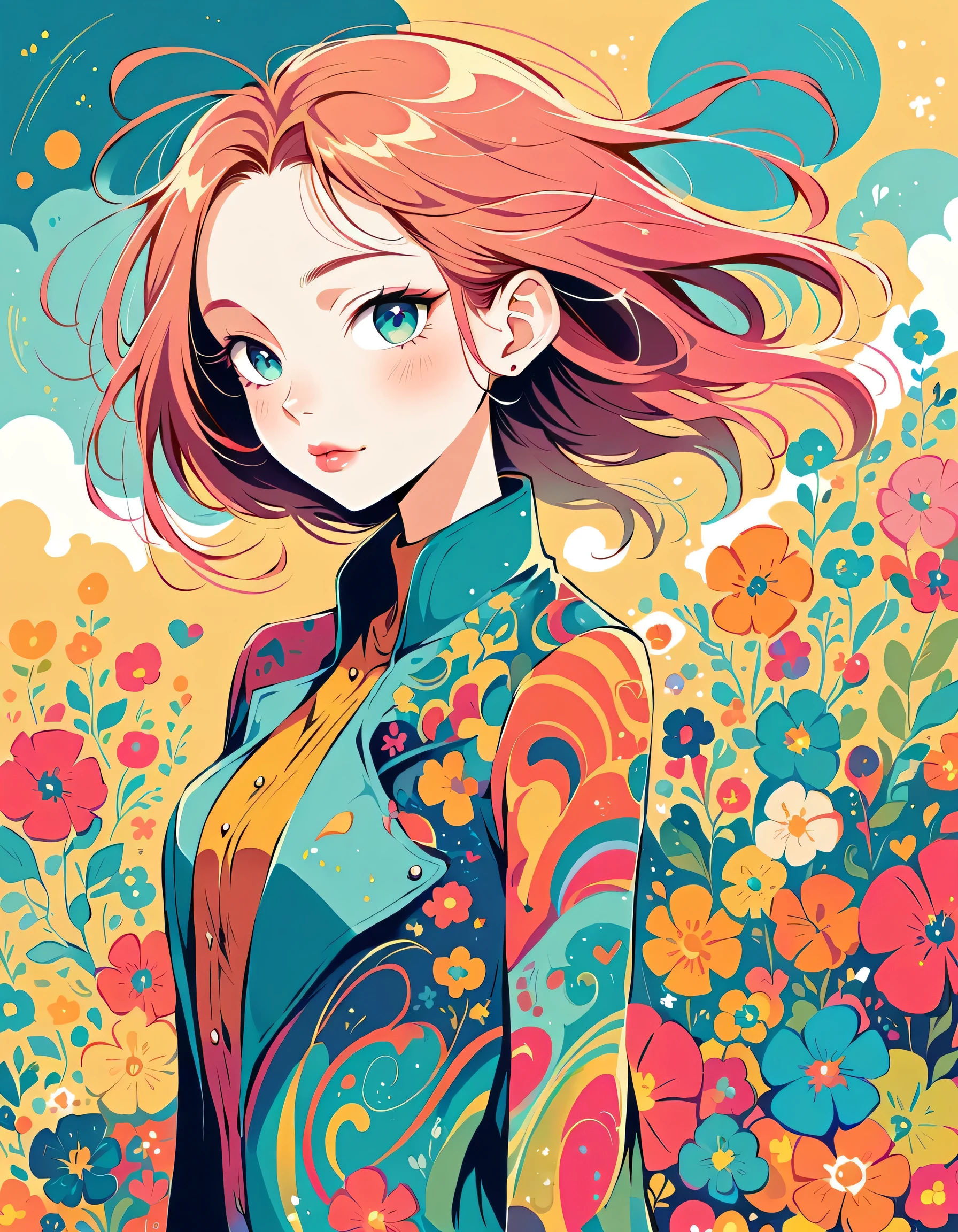 Murakami Takashi style, (((Colorful Art Nouveau background))), amazing, best quality, vector art, stylish design, ((Most beautiful girl ever)), (((Best quality))), HDR, ((Details)), ((Masterpiece)), ((Super detailed)), ((Delicate eyes, detailed eyes, best eyes ever, beautiful eyes, big eyes, profile, downcast face))(Colorful two-tone hair, shiny hair, beautiful hair), (Beautifully shaped breasts), ((Sleeveless jumpsuit with straw bag)), (((Close-up from below, composition from knee to head)))