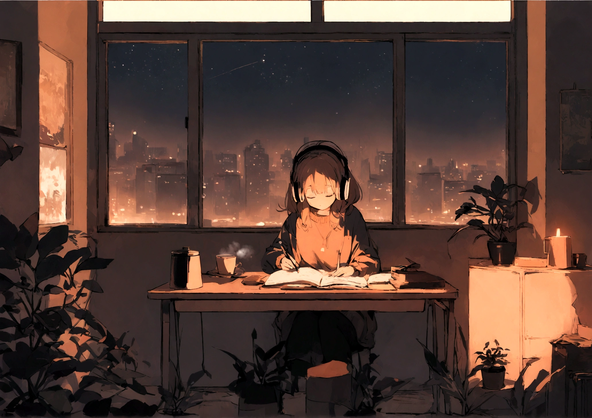 Create a cozy thumbnail featuring a dimly-lit room with a person at a desk, wearing headphones and writing. Include warm lighting, a steaming coffee cup, plants, and a nighttime cityscape through the window. Add text in a handwritten font: "Lofi Beats to Chill/Study to". Use muted, warm tones.