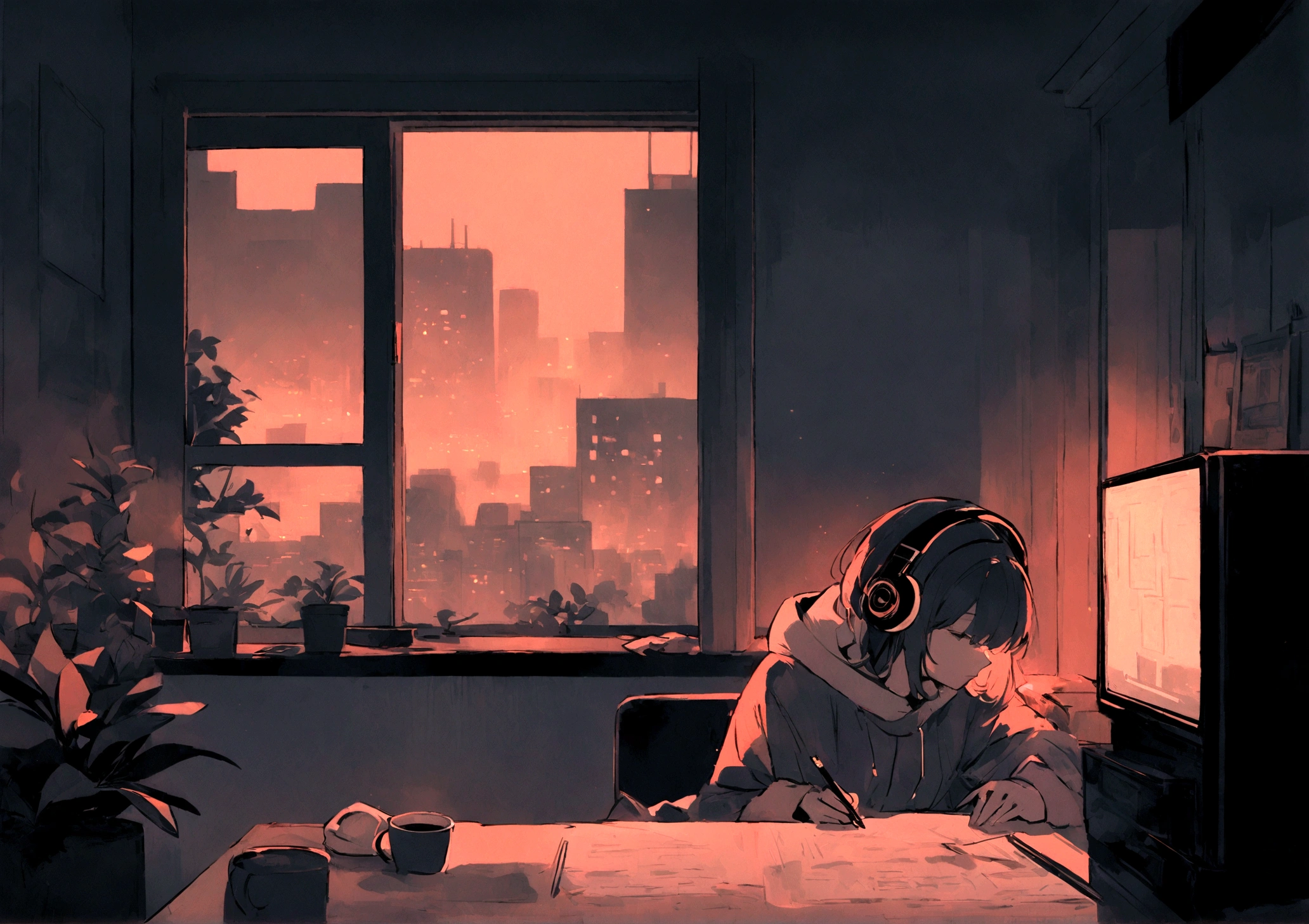 Create a cozy thumbnail featuring a dimly-lit room with a person at a desk, wearing headphones and writing. Include warm lighting, a steaming coffee cup, plants, and a nighttime cityscape through the window. Add text in a handwritten font: "Lofi Beats to Chill/Study to". Use muted, warm tones.