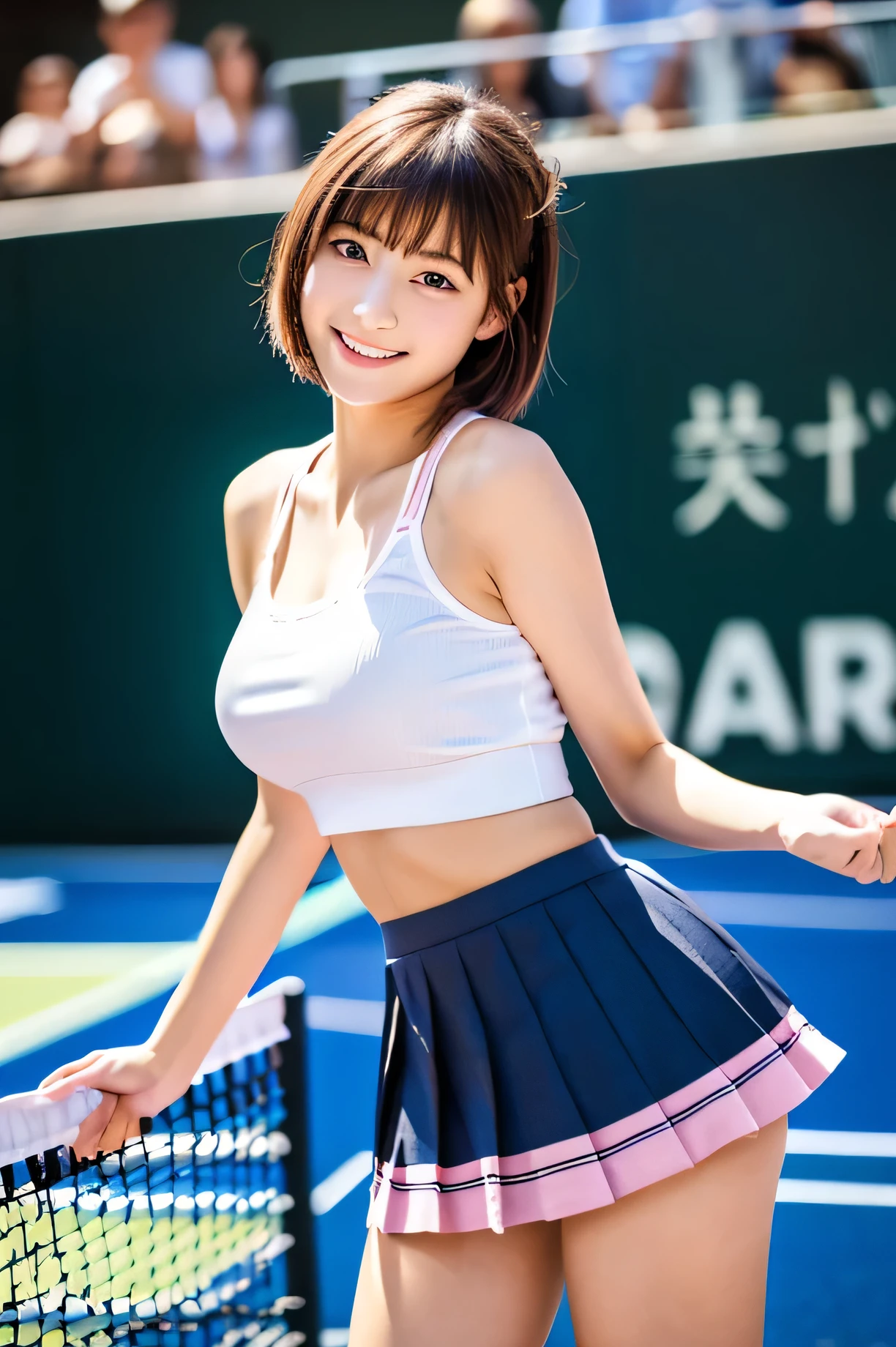 Very detailed photos, 8k wallpaper, highest quality, Very detailed, masterpiece, Realistic, photo Realistic, Very detailedなかわいい女の子, 20-year-old, (Skirt flip), ((Skirt flip by myself)), (Micro Panties:1.3) , Panty Focus, blush, Lips parted, Looking at the audience  , Half Body Shot , , (crowd), (Tennis court, Shine) , short hair, smile、, (highest quality),(RAW Photos), (Beautiful Japanese Girl),, Cute Face, Dramatic lighting、(Pink mini skirt),(Beautiful thighs),Medium Hair, (smile),(Beautiful and delicate eyes)、Detailed eyes and pupils、Detailed lips,realistic body, Ultra HD, High resolution, Detailed face,Delicate and beautiful body, professional photo, real photography, Detailed hands,Well-proportioned face,realistic young gravure idol, Slender gravure idol, Beautiful and cute,(full body), ((Japanese))、She&#39;s cute like a Korean idol,Black Hair, flat chest