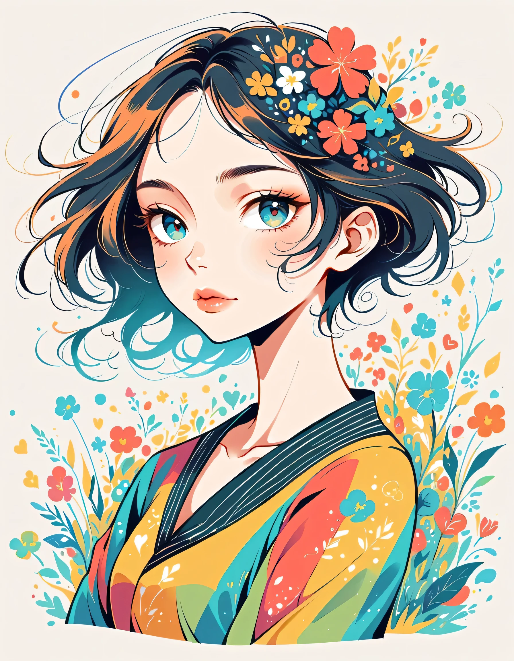 itabamoe style, Stylish design,Stylish fashion,Simple Line Initialism,Abstract art,Urban Background, (((The most beautiful girl))), Lips in Love, colorful flowers