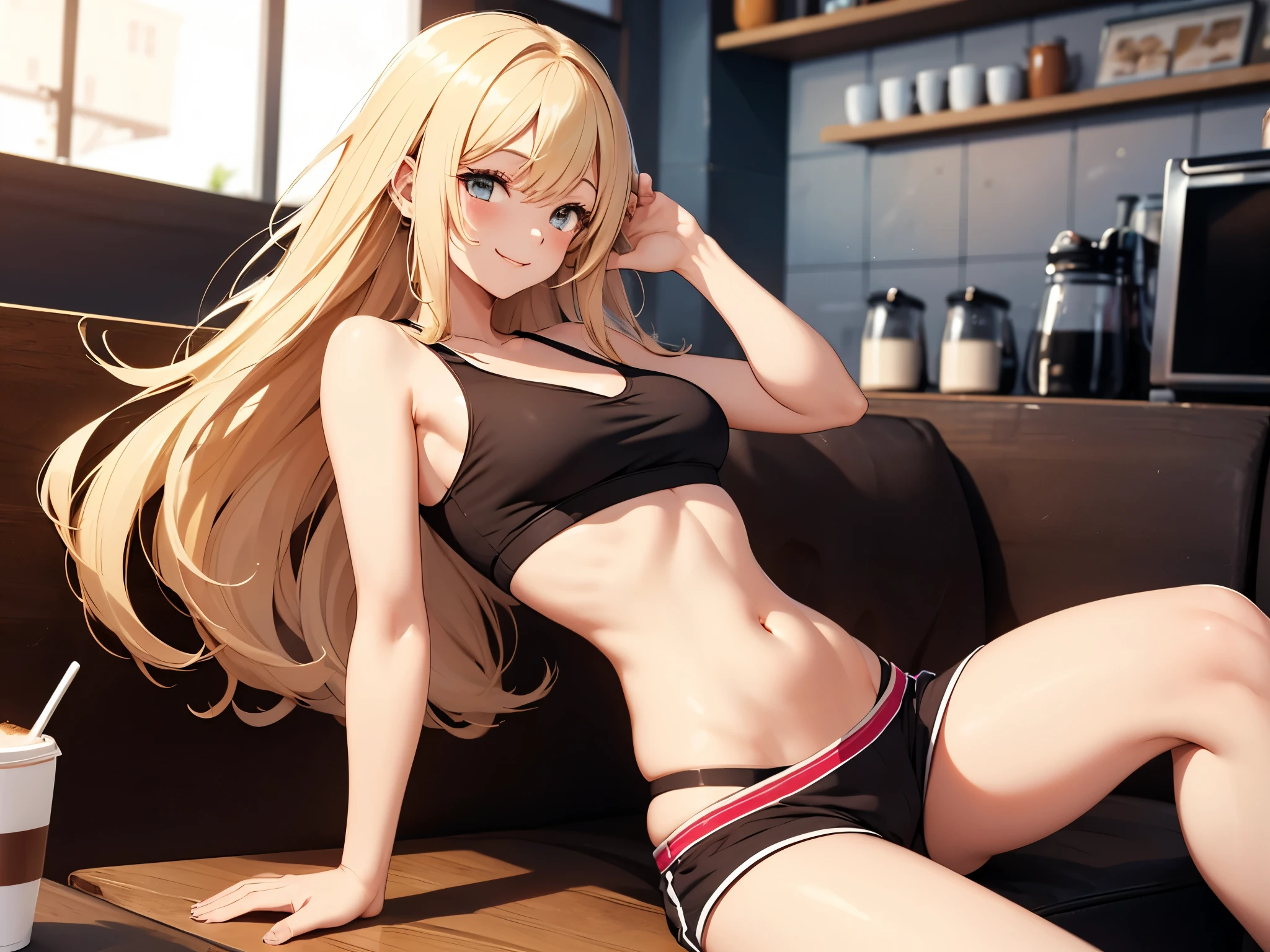 a young girl, long blonde hair, hazel eyes, nice breasts, sexy sleep shorts and a crop top, sexy pose, smile, coffee shop, lounge, relaxing