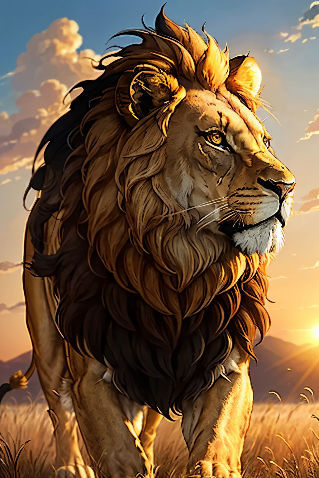 High-Definition 16:9 Image: A Majestic Lion Basking in the Golden Sunlight
A majestic lion, king of the jungle, is depicted in this stunning high-definition image. The lion is delicately detailed, with a mane that radiates power and regality, flowing in the wind like a golden cascade. The lion's eyes, a piercing amber, are filled with an unyielding intensity that commands respect.
The lion is located in an open savannah, a vast expanse of golden grasses that sway gently in the breeze. Behind the lion, a clear blue sky stretches out, dotted with fluffy white clouds. The