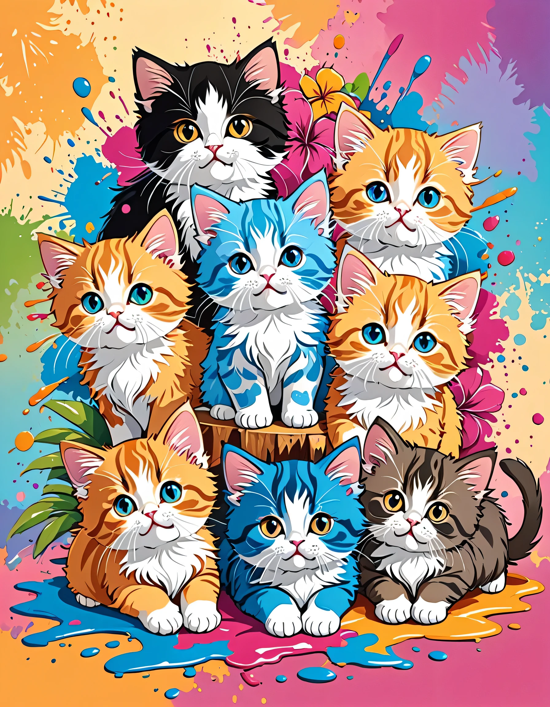 Vector Art, Colorful illustration with lots of cute Persian kittens, In the center, Vibrant colors, Paint splatters and stains, High Detail,Hawaiian style background