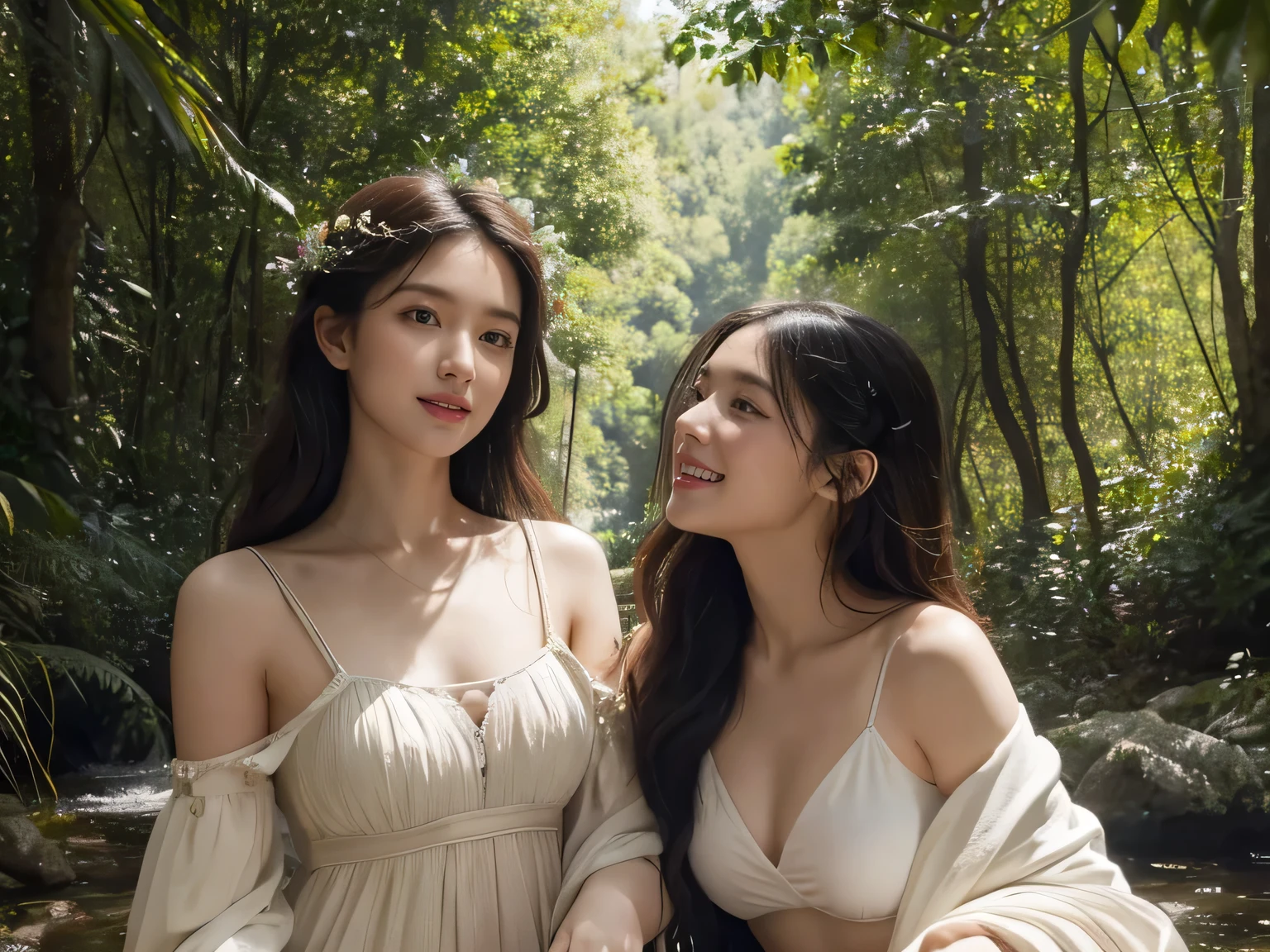 Giorgione painting style,Barbizon forest A beautiful woman in Greek dress smiles on the shore,Sweet and seductive appearance.、Caravaggio's paintings、Chiaroscuro of Caravaggio、hair tousled by the wind,Two women frolicking,cute smile, expression of ecstasy,Sexy,erotic, full body portrait